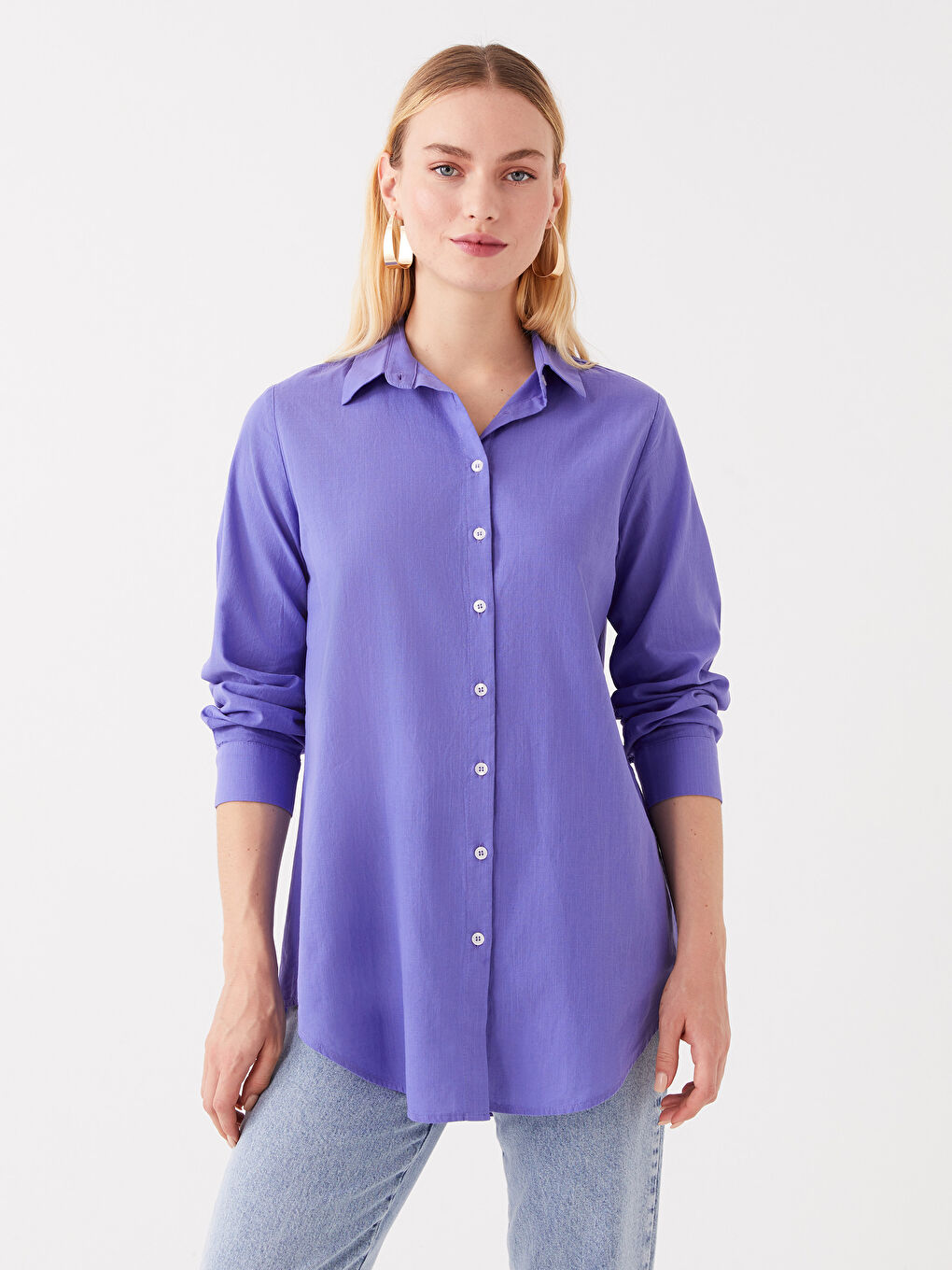 Lila Düz Uzun Kollu Kadın Gömlek Tunik