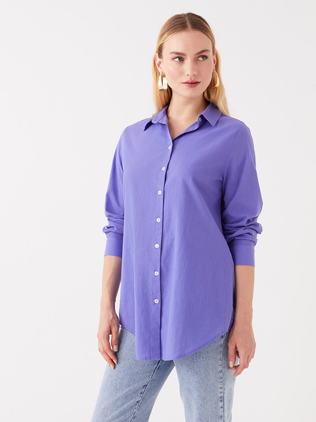 Lila Düz Uzun Kollu Kadın Gömlek Tunik-1