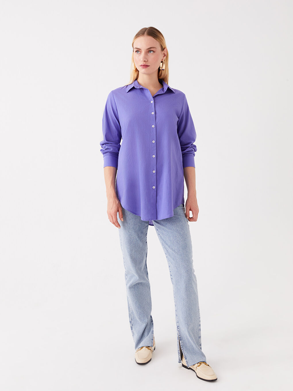 Lila Düz Uzun Kollu Kadın Gömlek Tunik-2