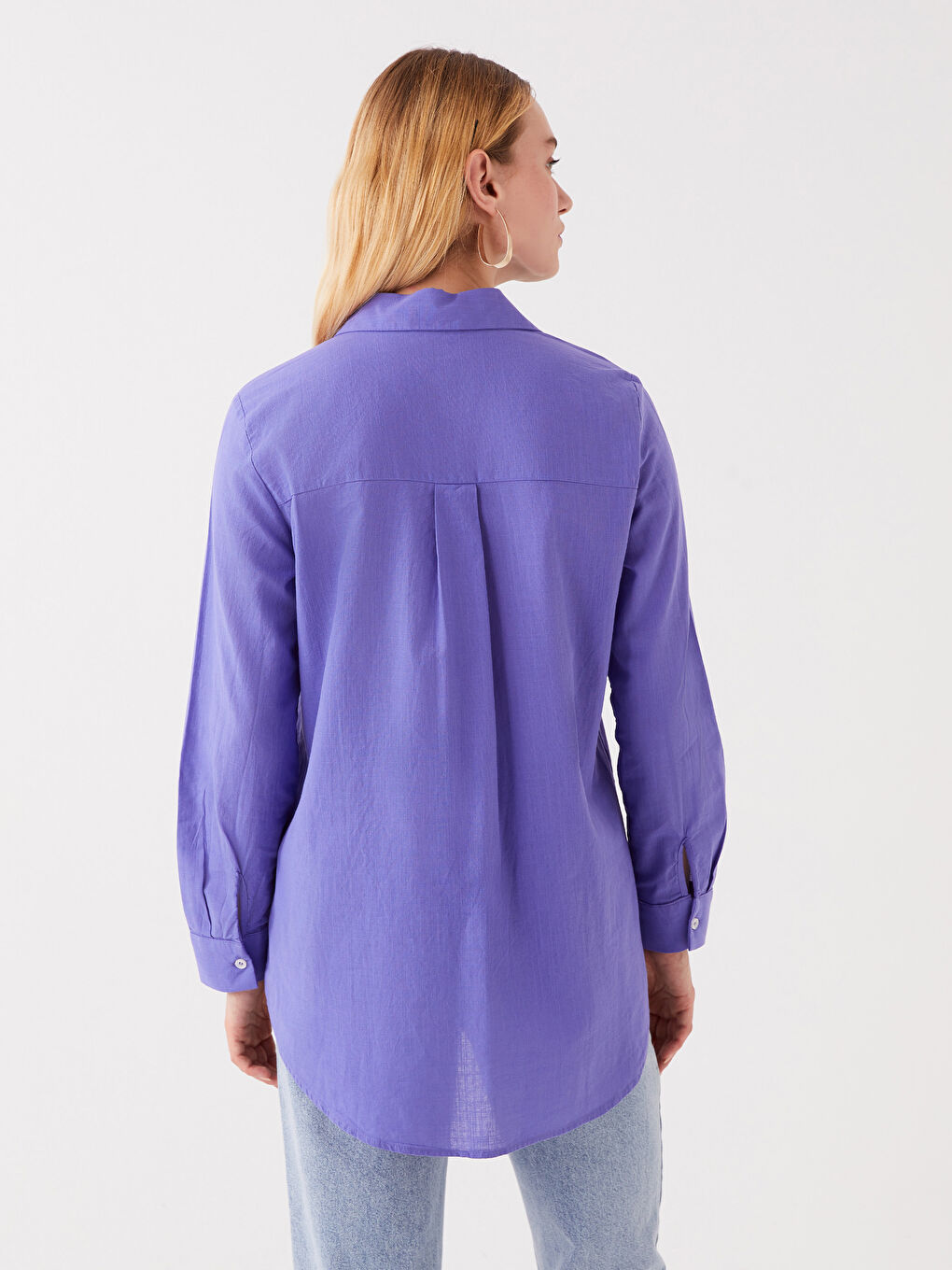 Lila Düz Uzun Kollu Kadın Gömlek Tunik-4