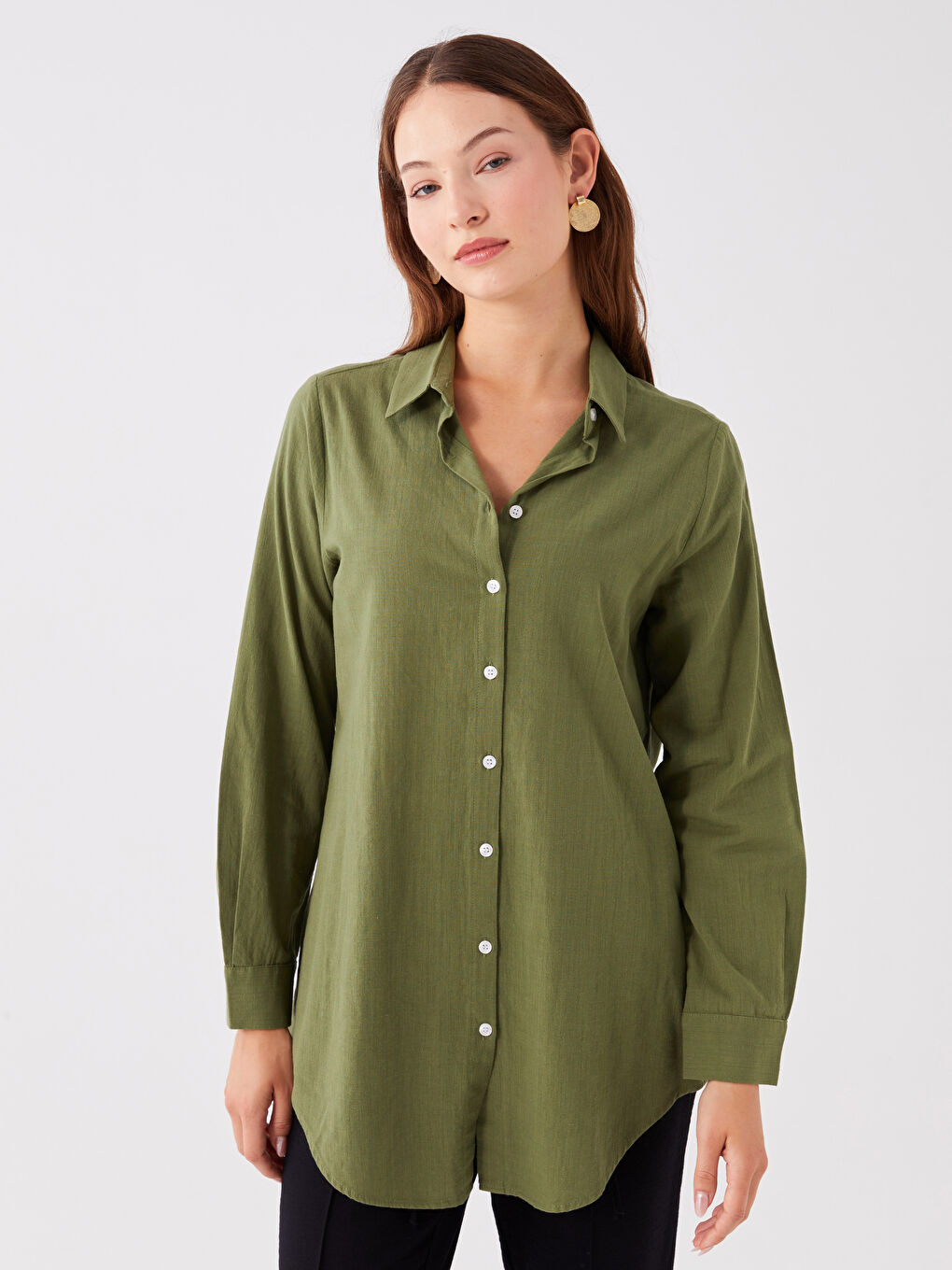 Yeşil Düz Uzun Kollu Kadın Gömlek Tunik
