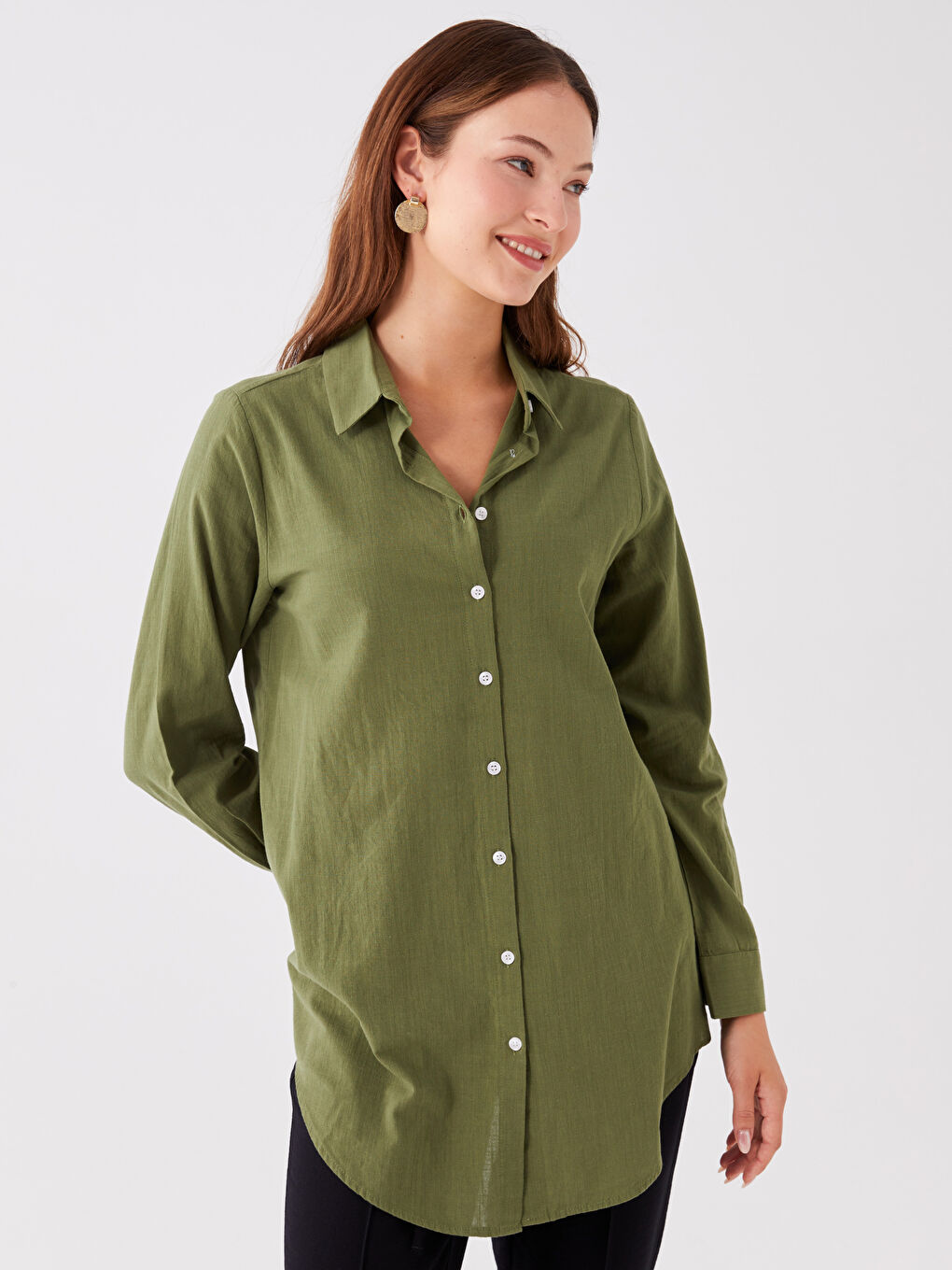 Yeşil Düz Uzun Kollu Kadın Gömlek Tunik-1