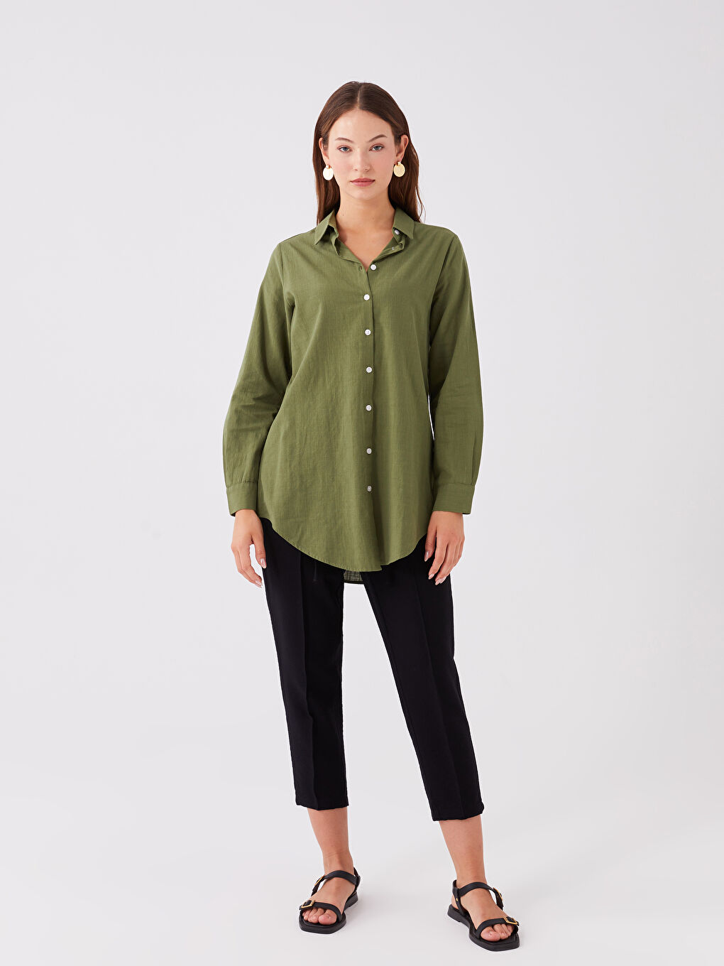 Yeşil Düz Uzun Kollu Kadın Gömlek Tunik-2