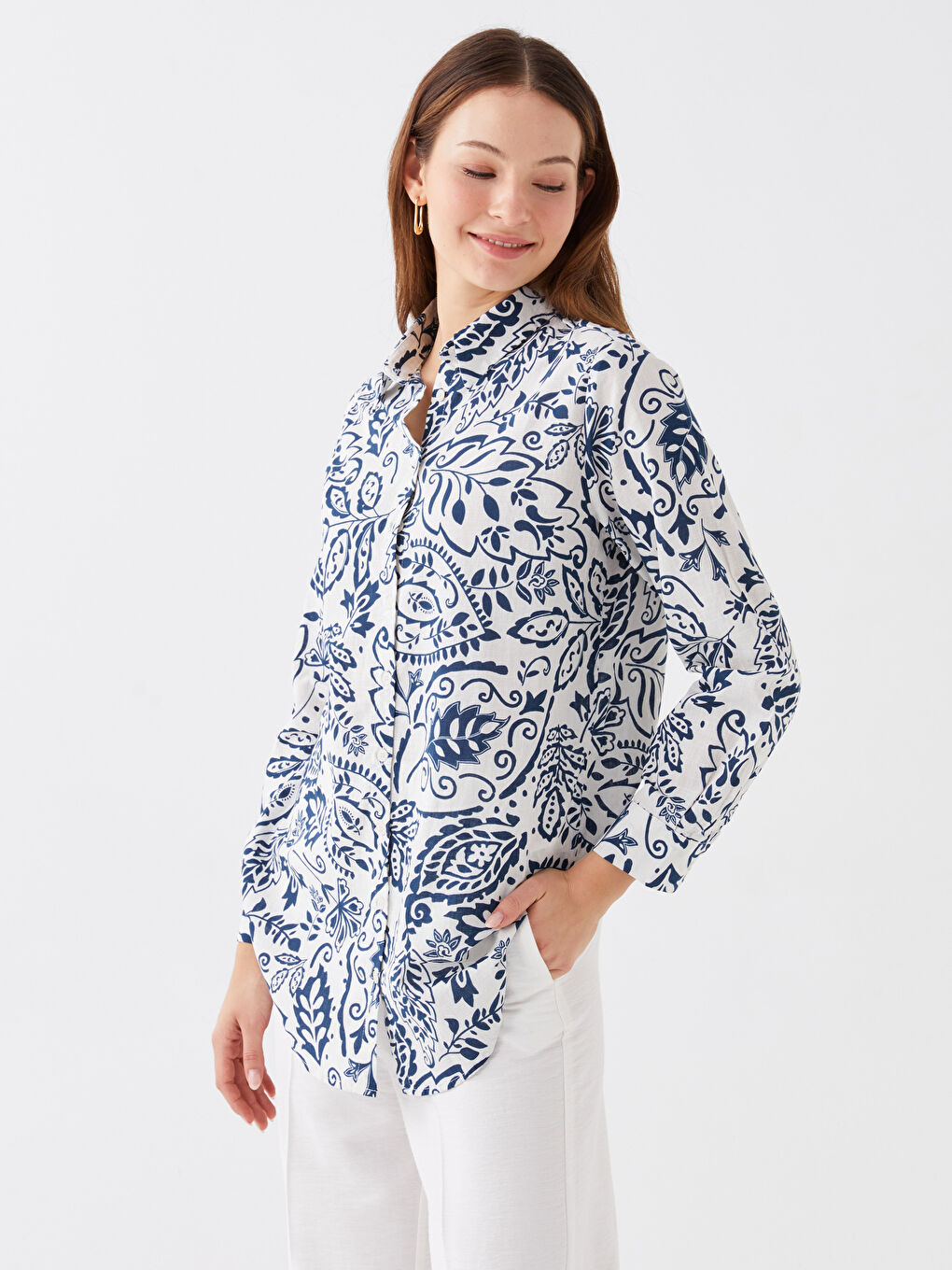 Mavi Desenli Kadın Gömlek Tunik