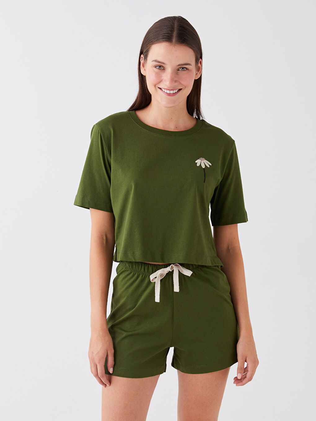 Yeşil Bisiklet Yaka Baskılı Kısa Kollu Kadın Şortlu Pijama Takımı