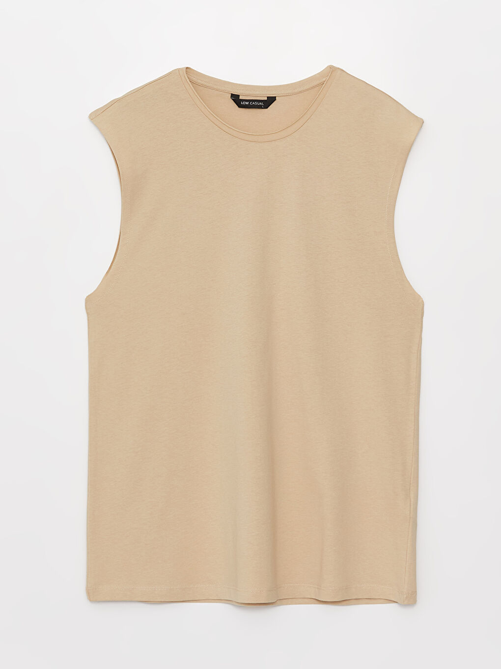 Bej Bisiklet Yaka Penye Erkek Kolsuz Tişört-5