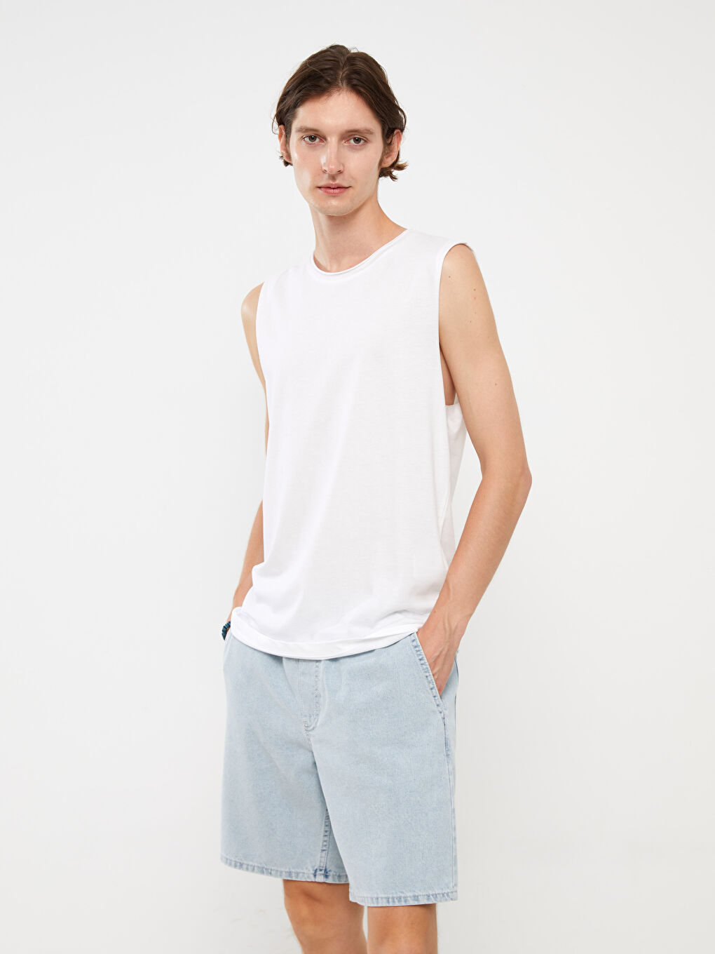 Beyaz Bisiklet Yaka Penye Erkek Kolsuz Tişört