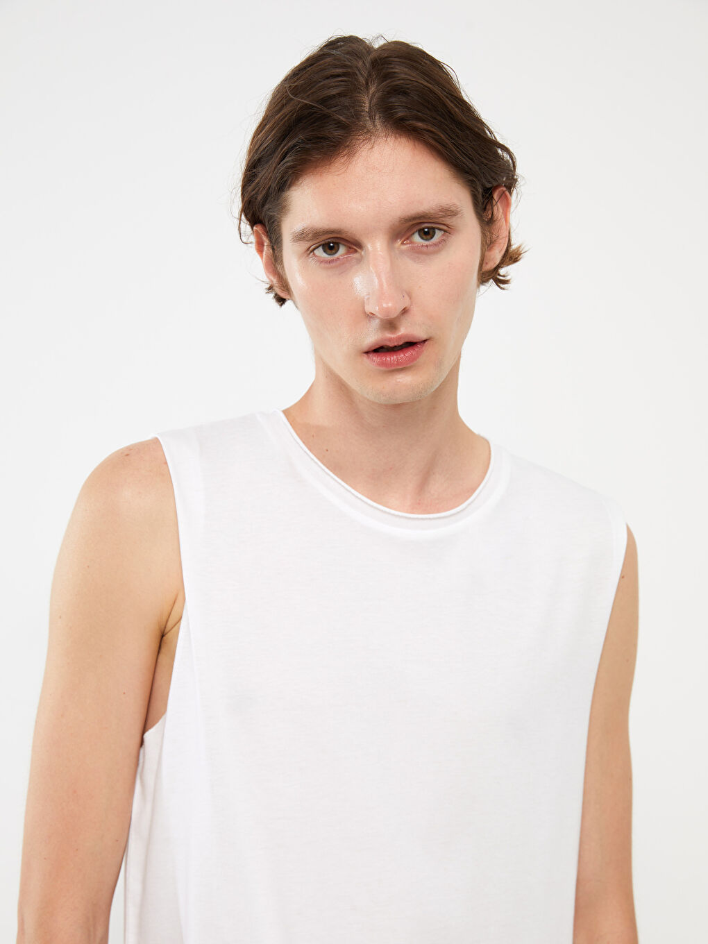 Beyaz Bisiklet Yaka Penye Erkek Kolsuz Tişört-2