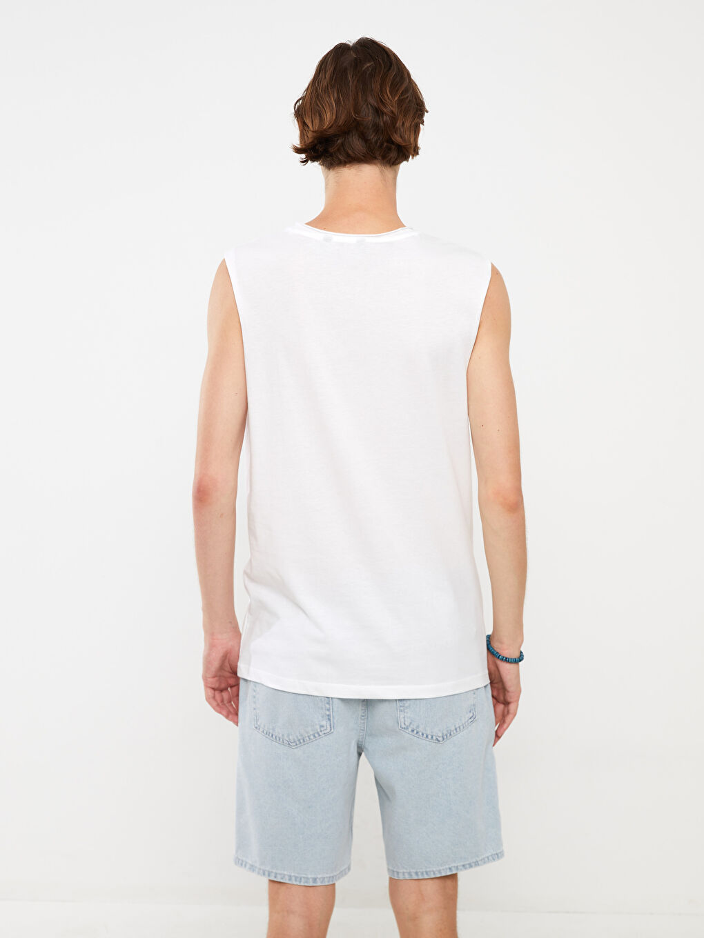 Beyaz Bisiklet Yaka Penye Erkek Kolsuz Tişört-4