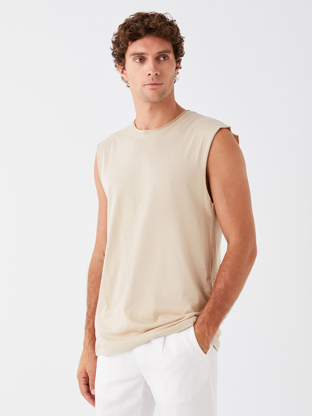 Bej Bisiklet Yaka Penye Erkek Kolsuz Tişört