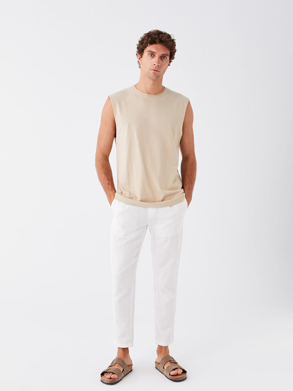 Bej Bisiklet Yaka Penye Erkek Kolsuz Tişört-2