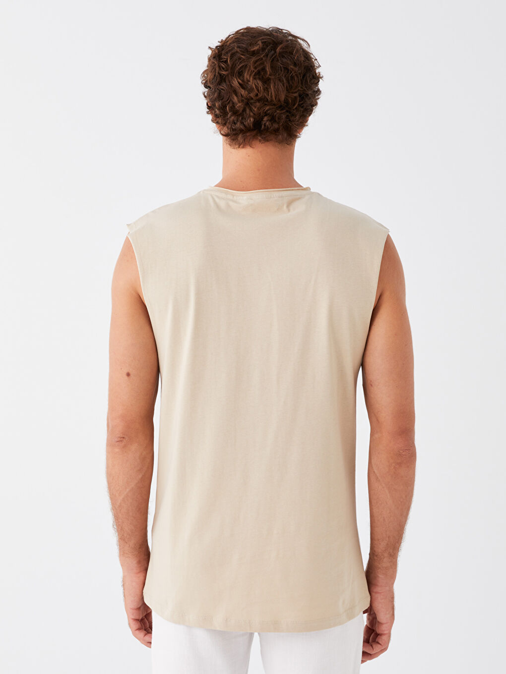 Bej Bisiklet Yaka Penye Erkek Kolsuz Tişört-4