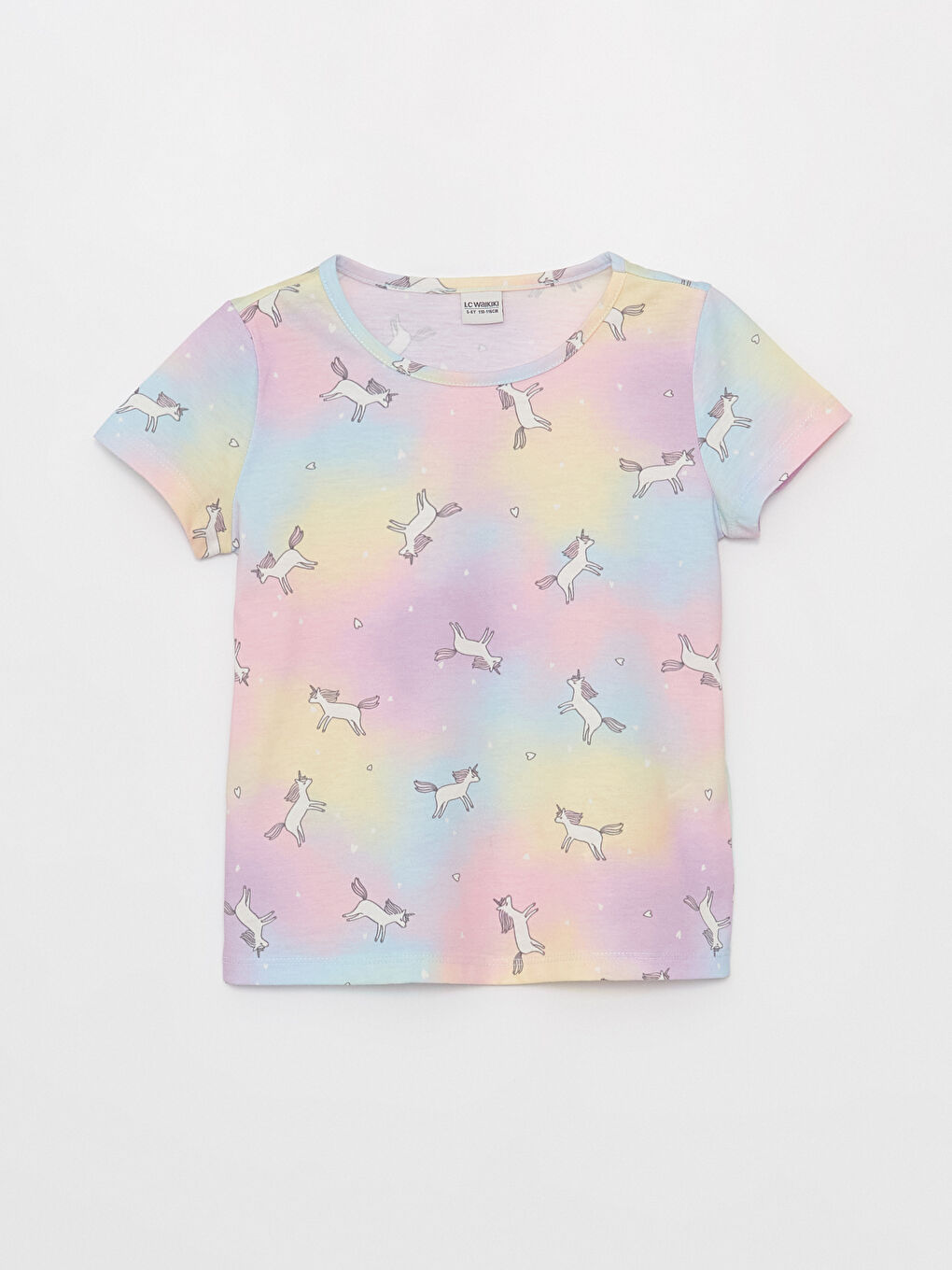 Karışık Bisiklet Yaka Desenli Kısa Kollu Kız Çocuk Tişört