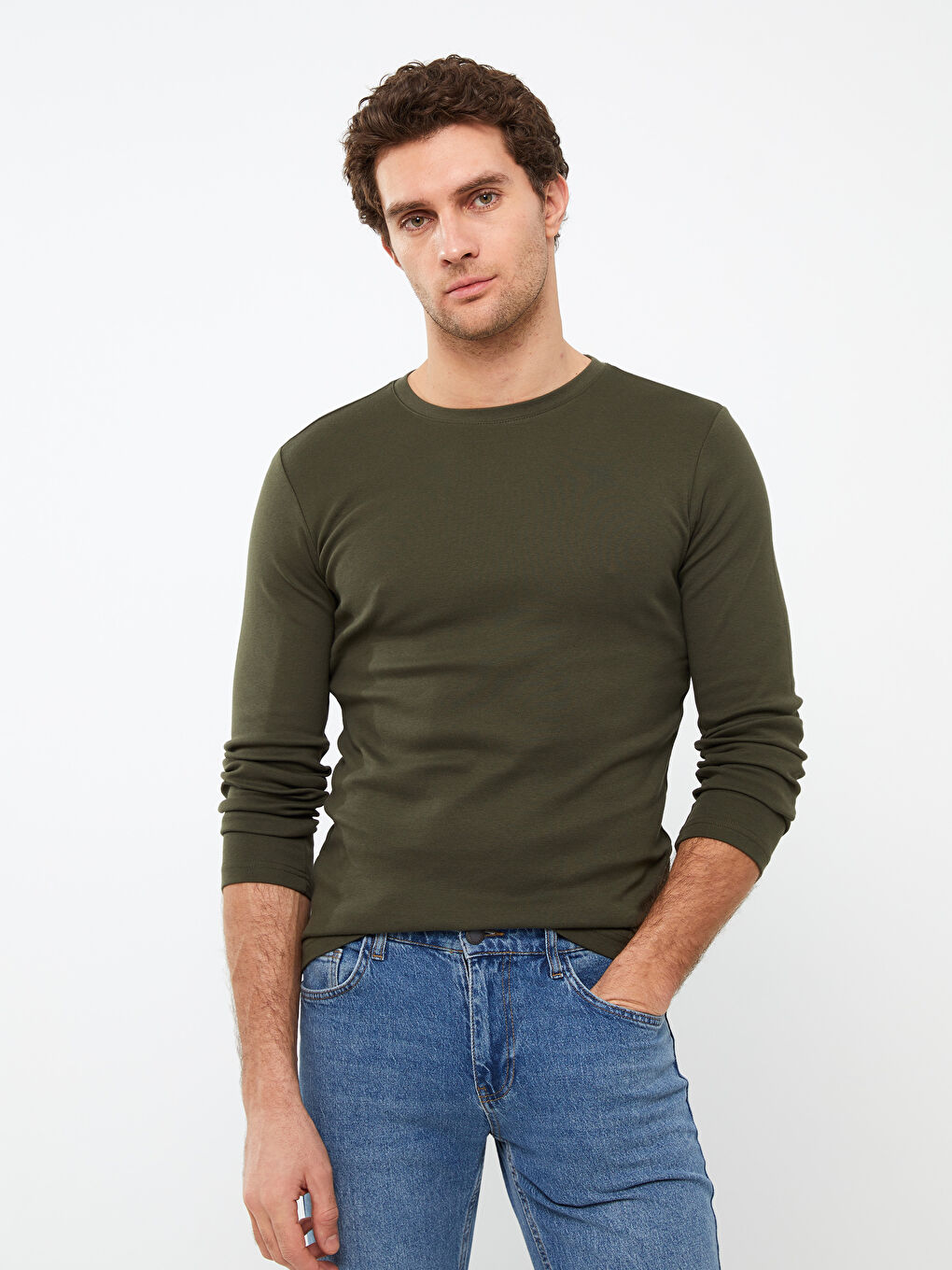 Haki Bisiklet Yaka Uzun Kollu Penye Erkek Tişört