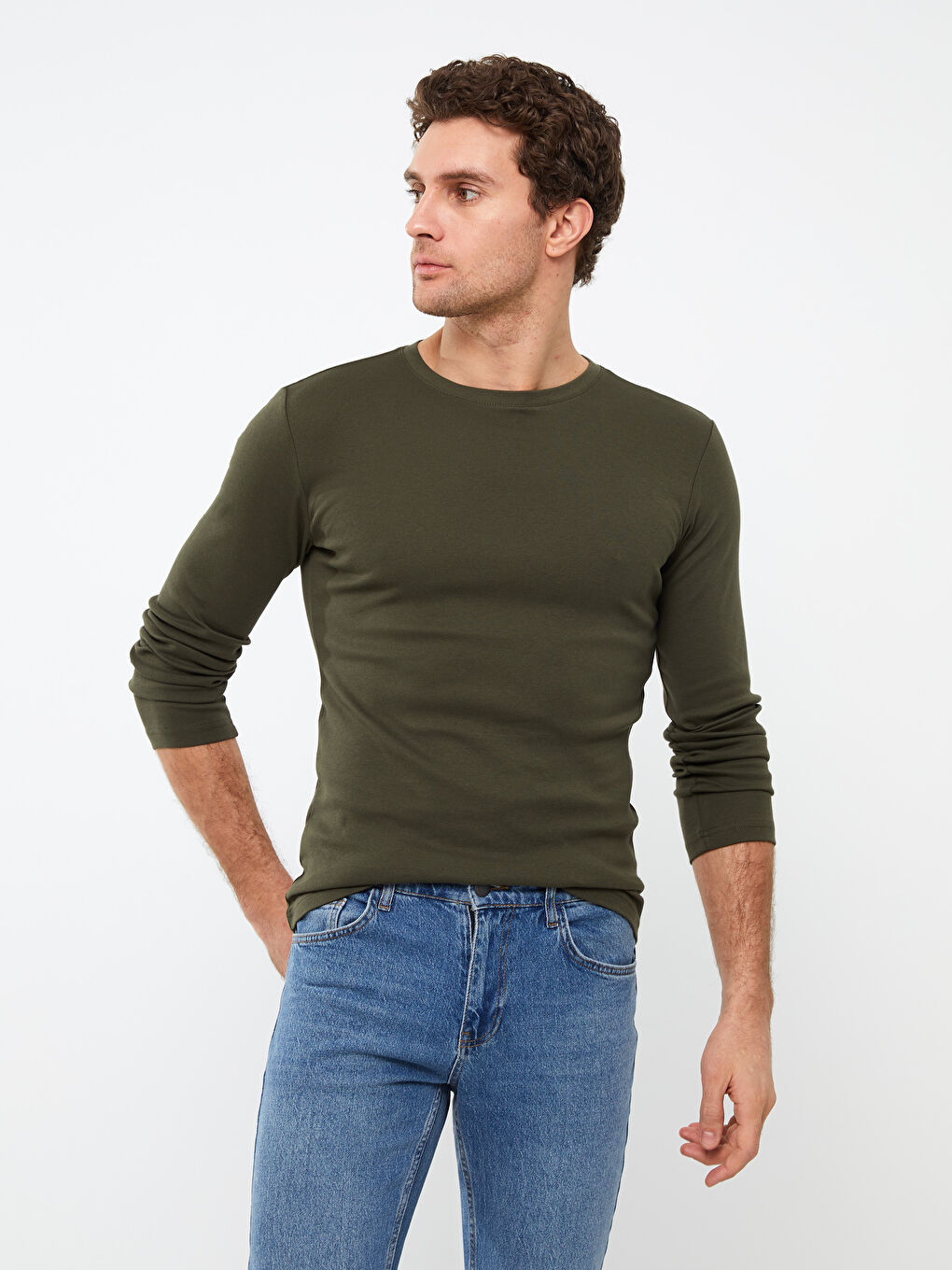 Haki Bisiklet Yaka Uzun Kollu Penye Erkek Tişört-1