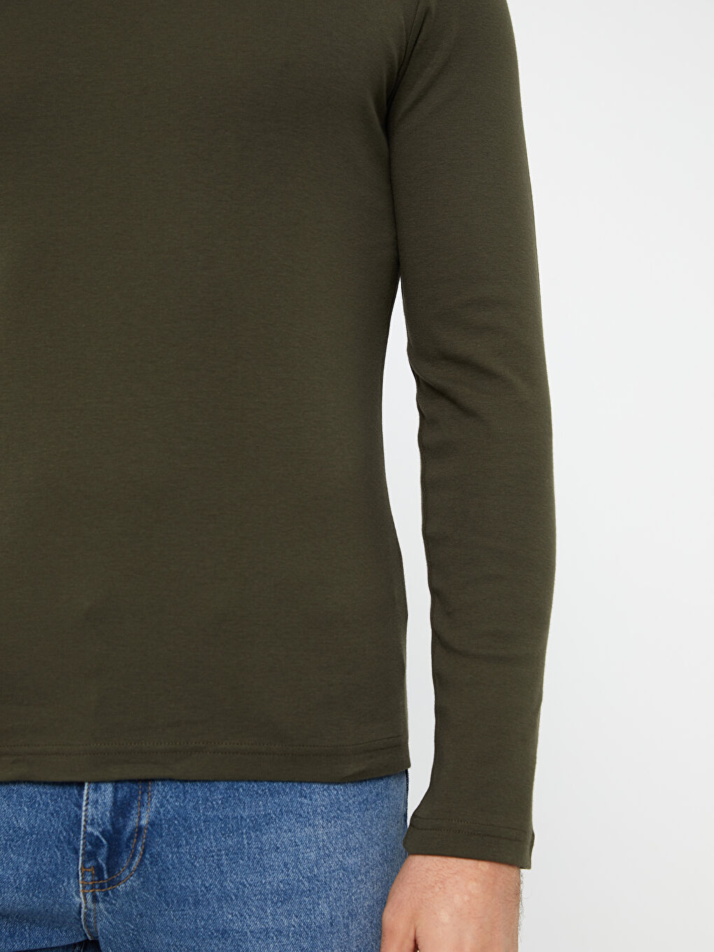 Haki Bisiklet Yaka Uzun Kollu Penye Erkek Tişört-3