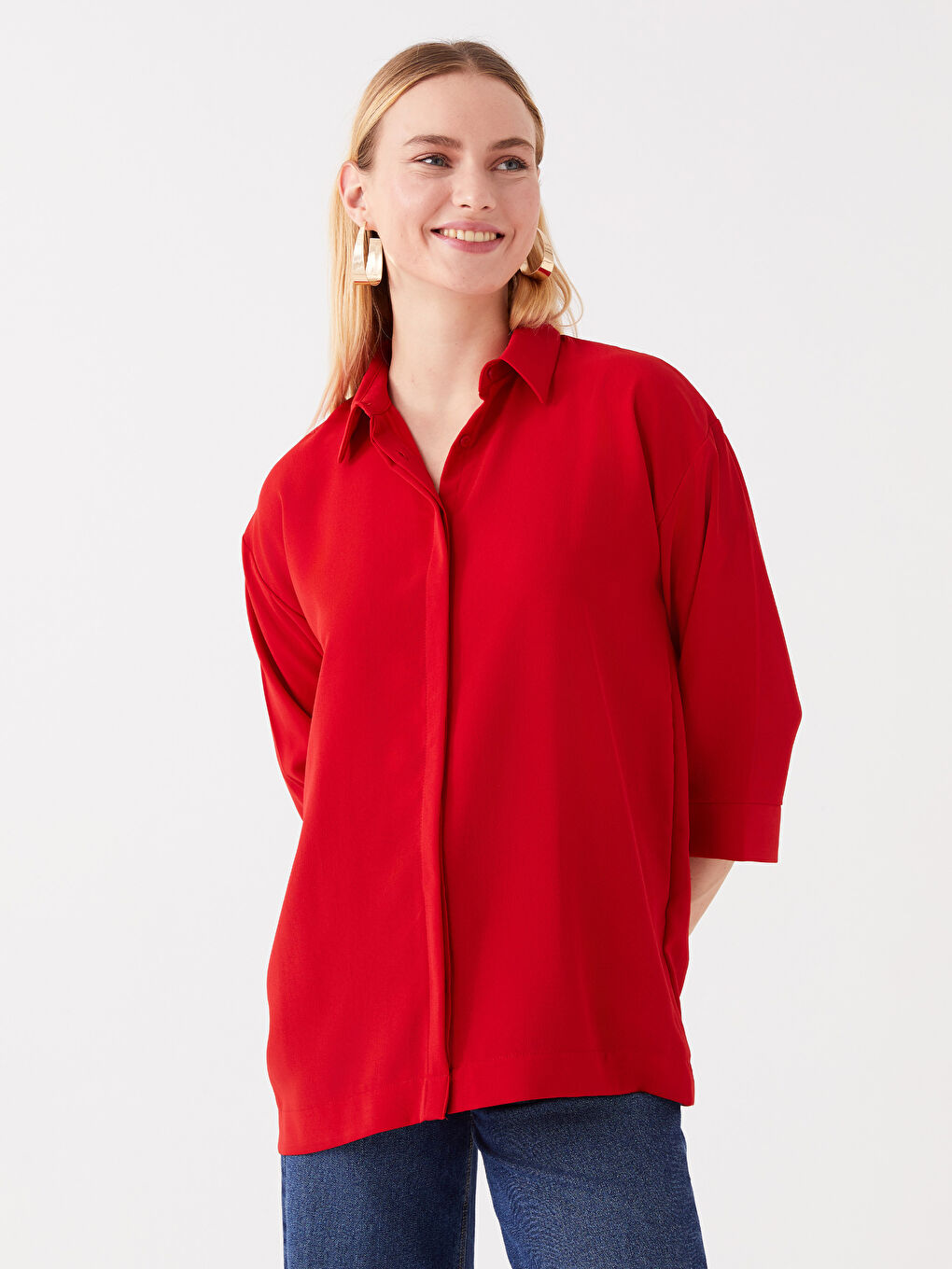 Kırmızı Düz Oversize Kadın Gömlek-1