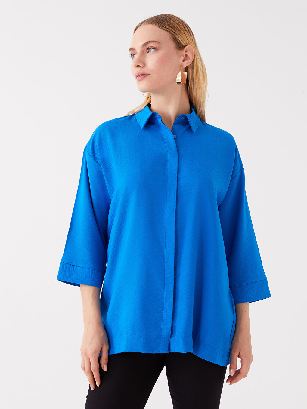 Mavi Gömlek Yaka Düz Oversize Kadın Tunik