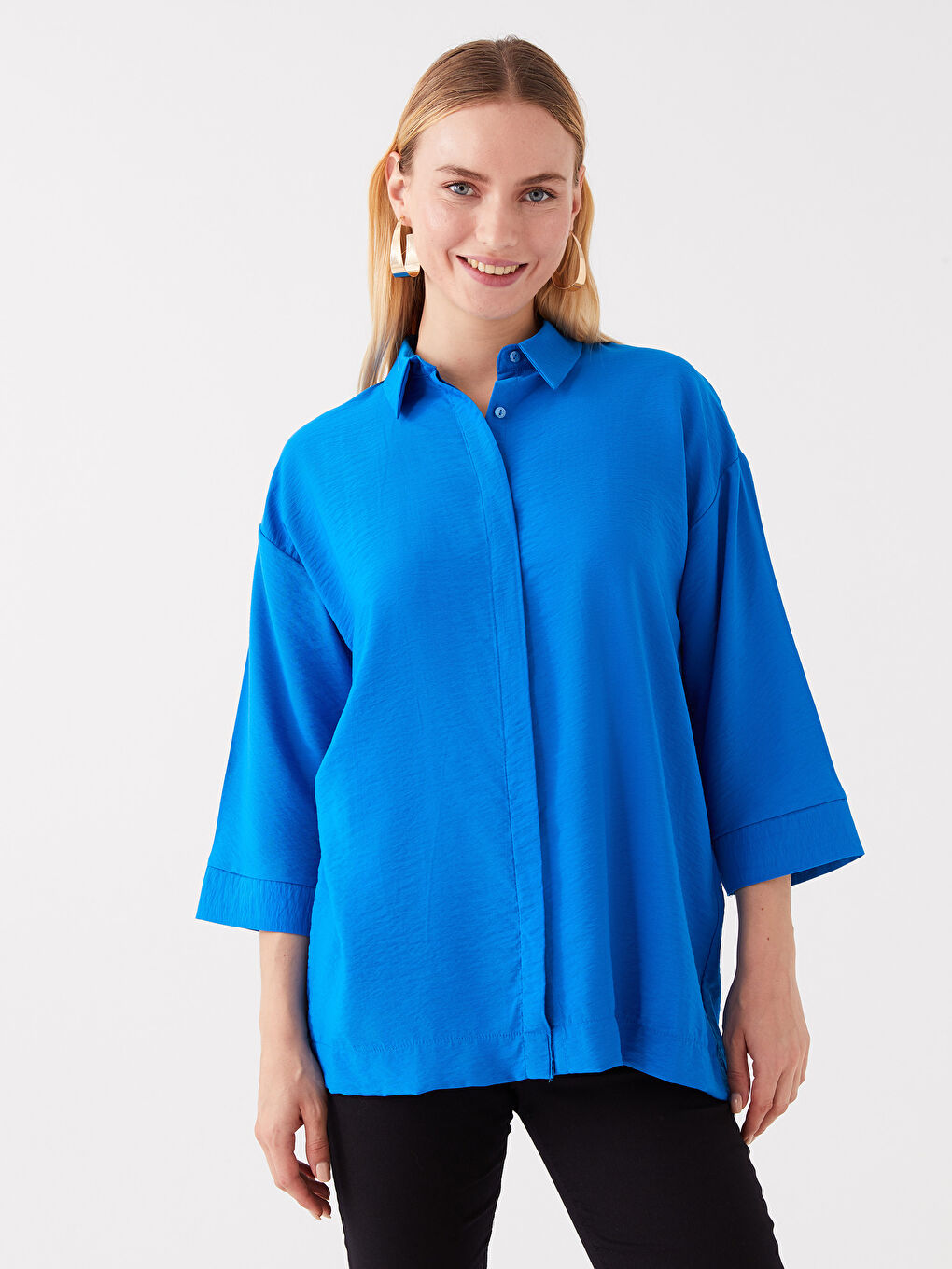 Mavi Gömlek Yaka Düz Oversize Kadın Tunik-1