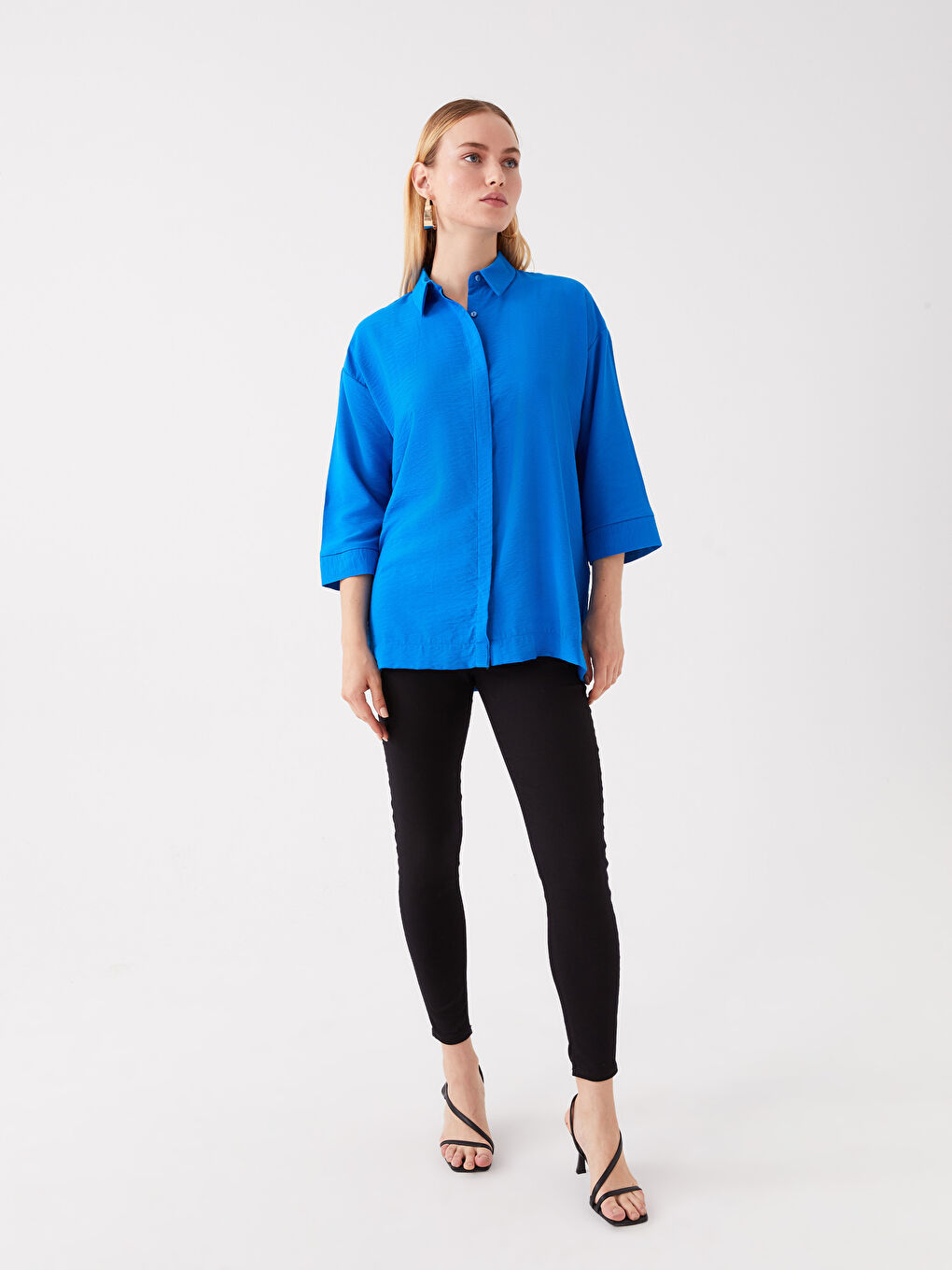 Mavi Gömlek Yaka Düz Oversize Kadın Tunik-2