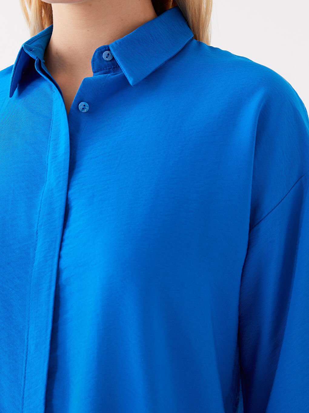 Mavi Gömlek Yaka Düz Oversize Kadın Tunik-3