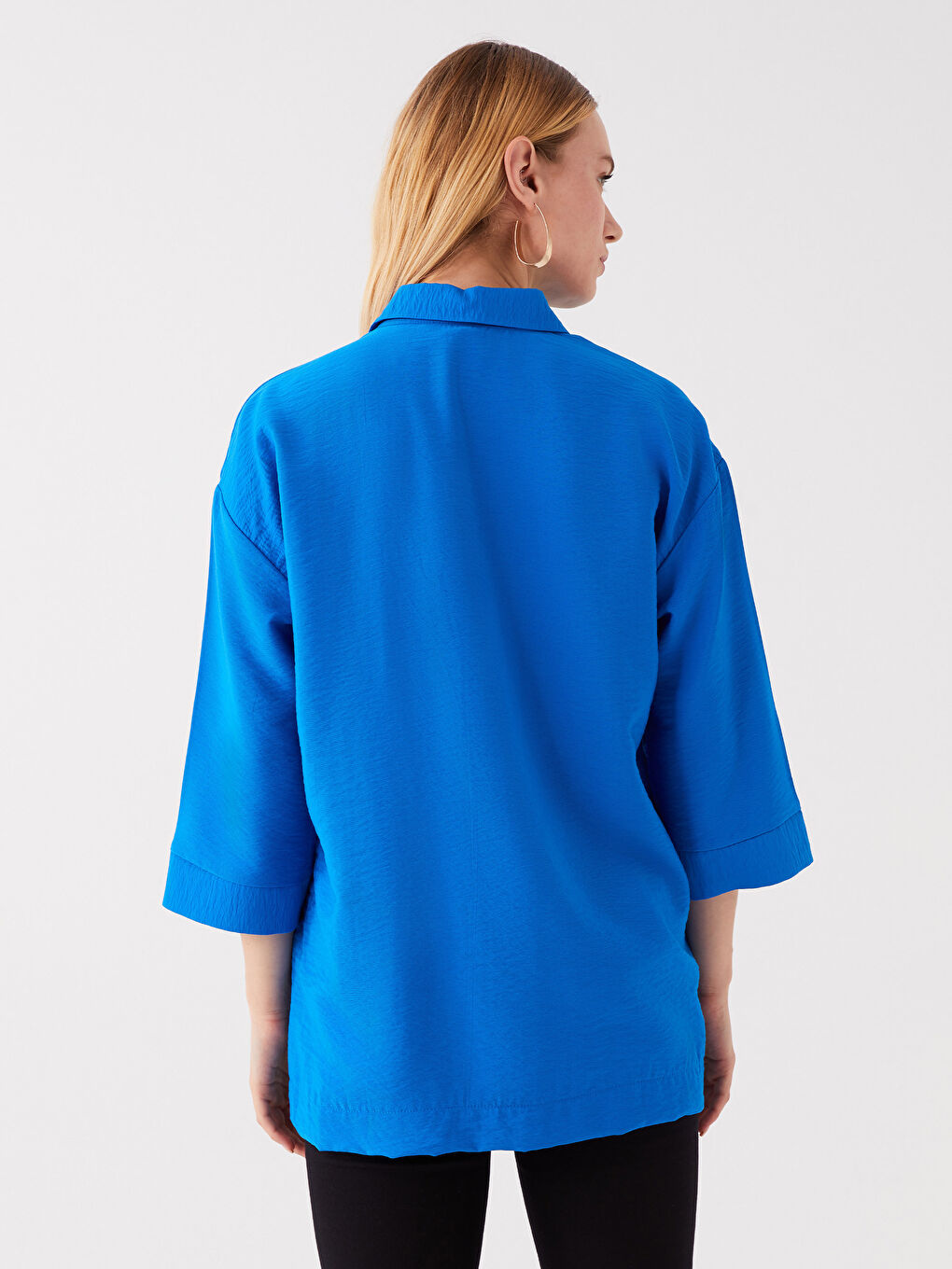 Mavi Gömlek Yaka Düz Oversize Kadın Tunik-4