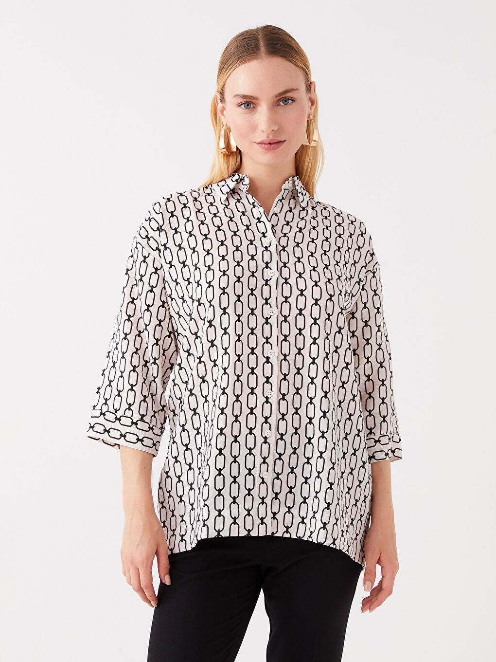 Bej Desenli Oversize Kadın Gömlek