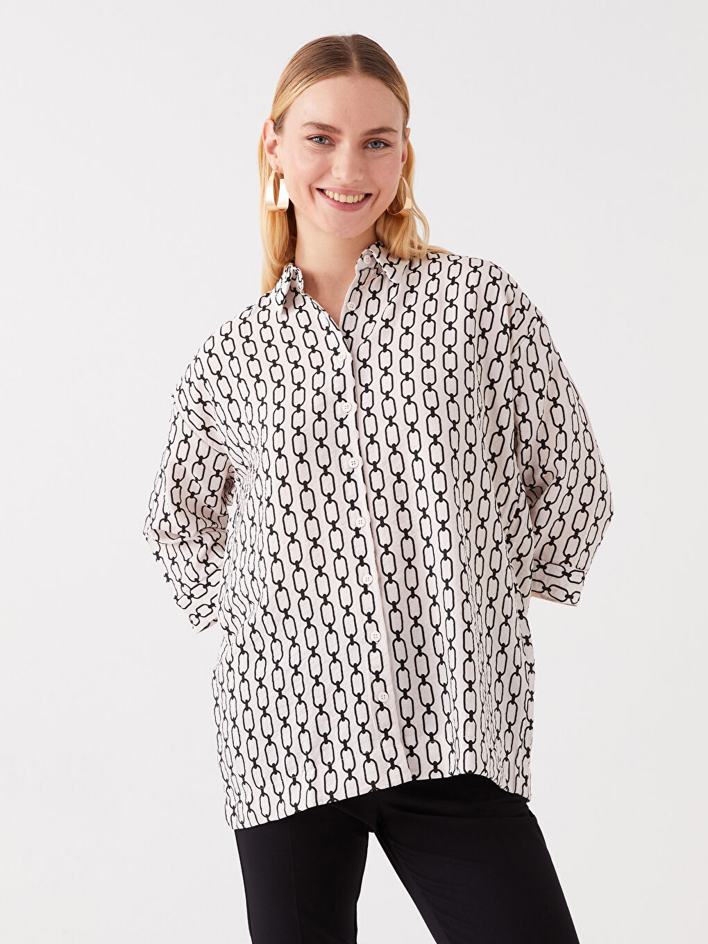 Bej Desenli Oversize Kadın Gömlek-1