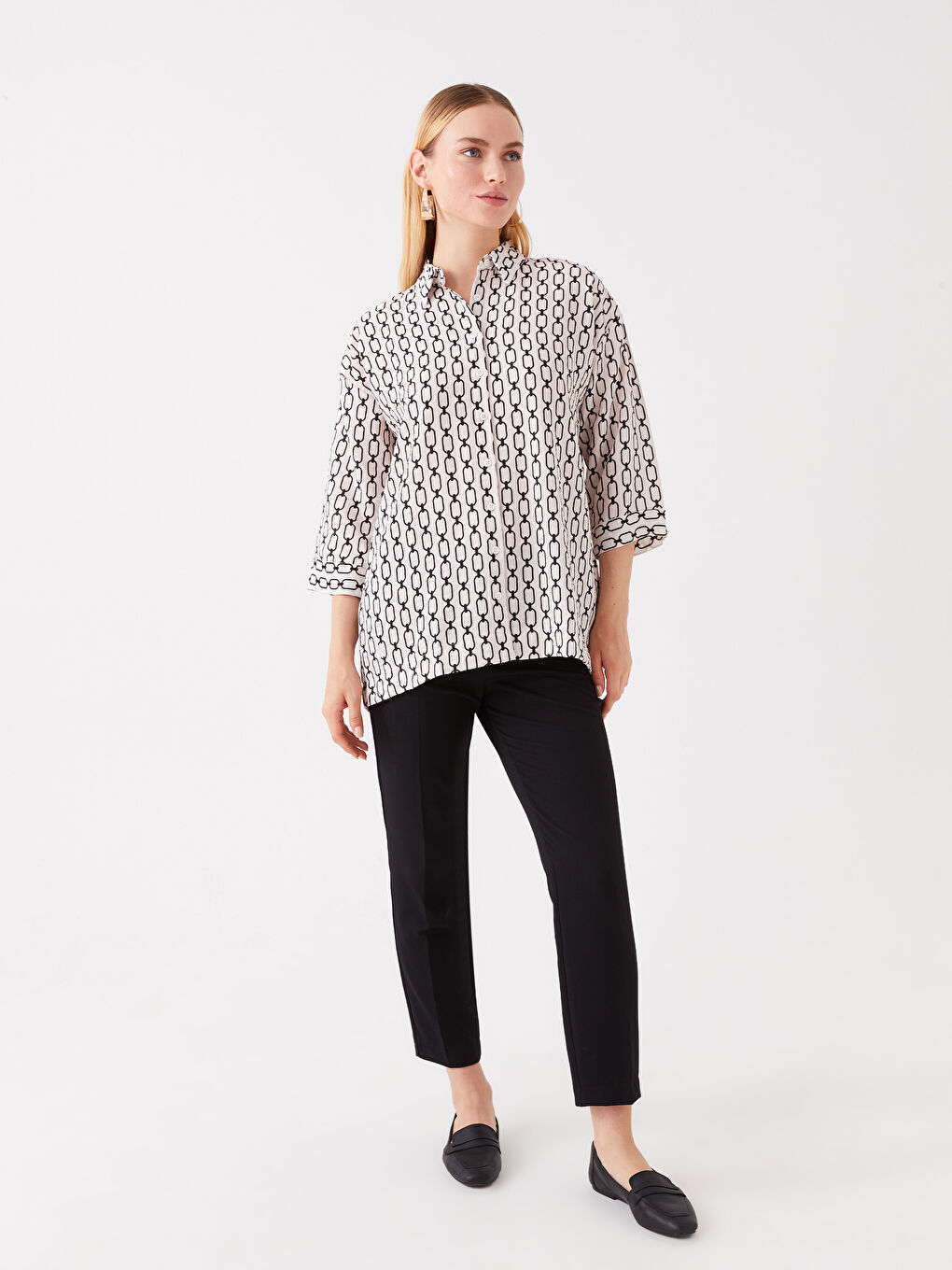 Bej Desenli Oversize Kadın Gömlek-2