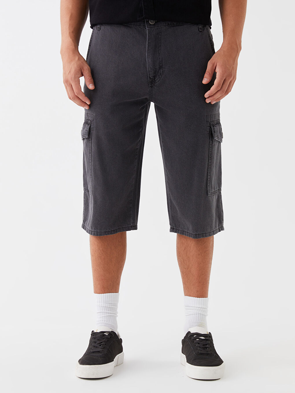 Gri Standart Kalıp Erkek Jean Şort-2