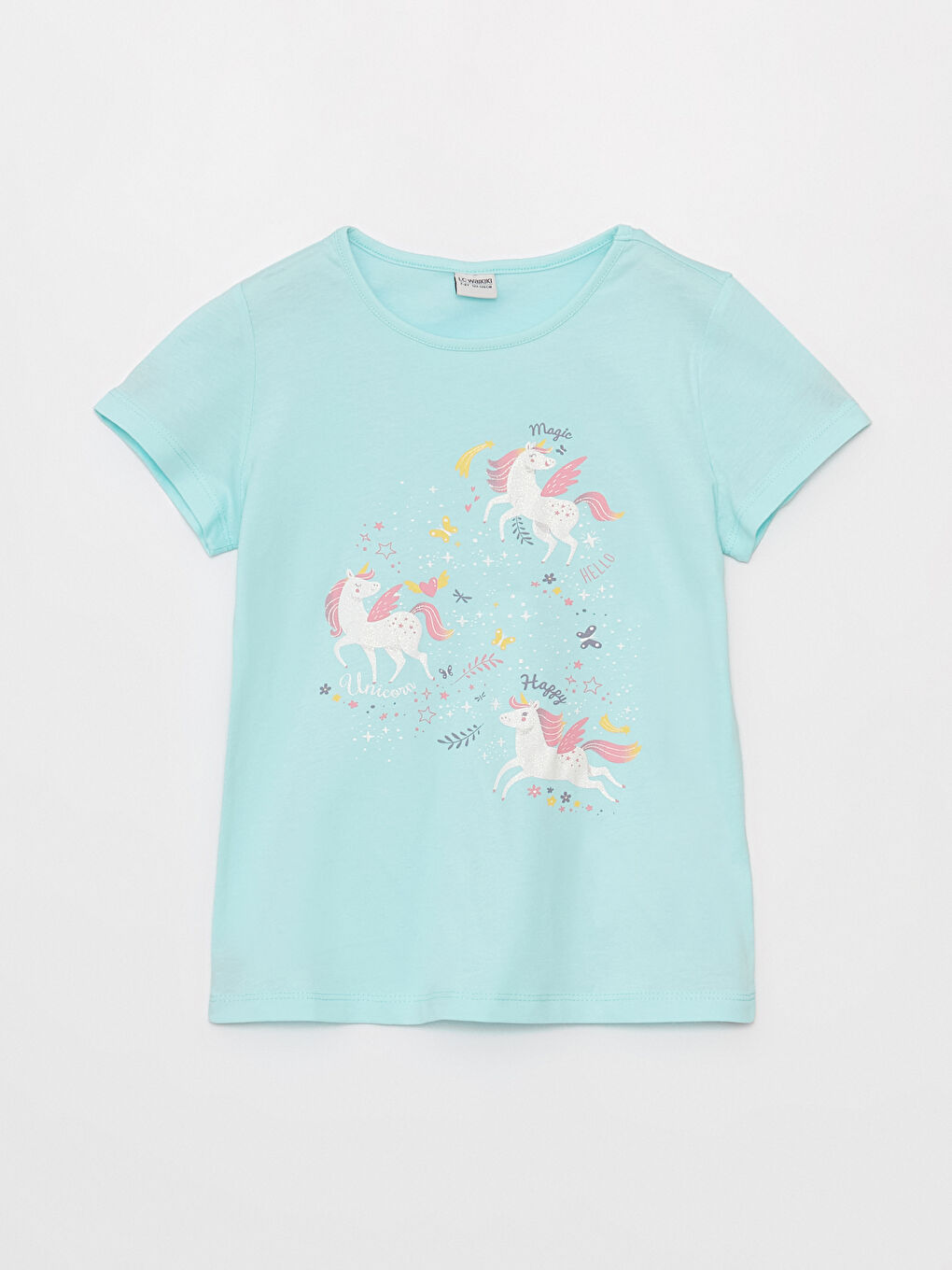 Turkuaz Bisiklet Yaka Baskılı Kısa Kollu Kız Çocuk Tişört