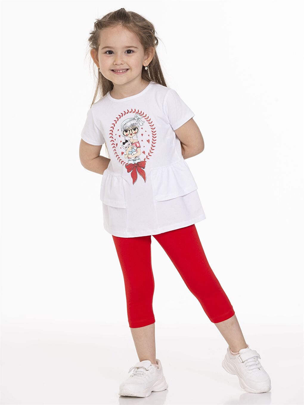 Kırmızı Bisiklet Yaka Kısa Kollu Baskılı Kız Bebek Tişört ve Tayt 2'li