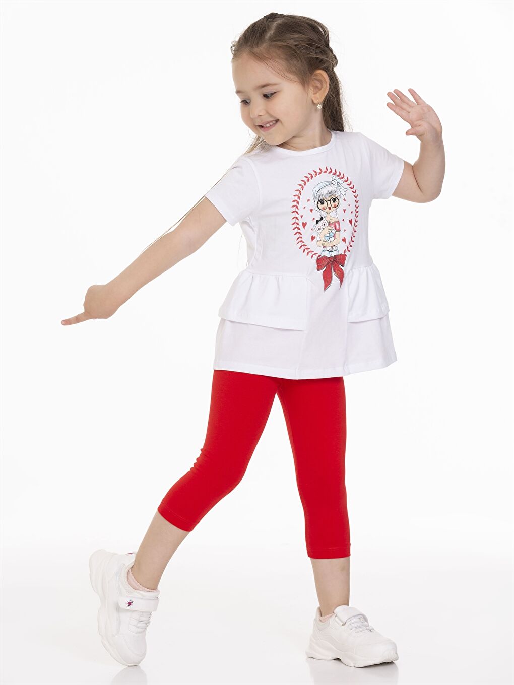 Kırmızı Bisiklet Yaka Kısa Kollu Baskılı Kız Bebek Tişört ve Tayt 2'li-1