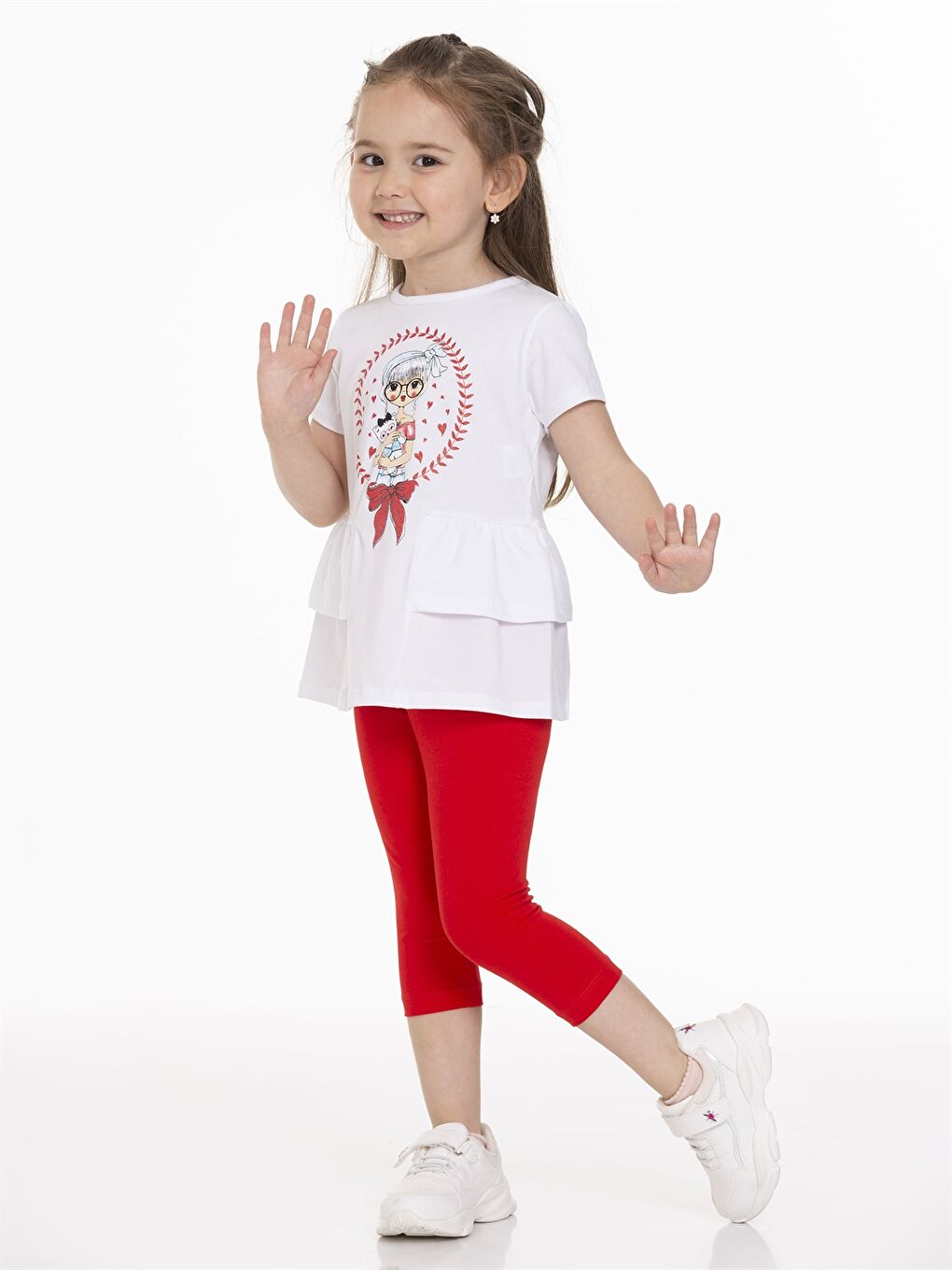 Kırmızı Bisiklet Yaka Kısa Kollu Baskılı Kız Bebek Tişört ve Tayt 2'li-2