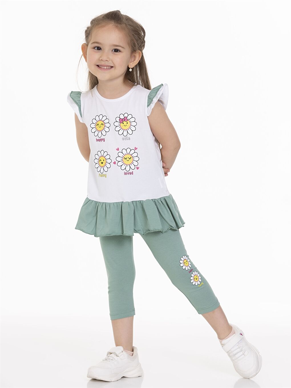 Yeşil Bisiklet Yaka Kısa Kollu Baskılı Kız Bebek Tişört ve Tayt 2'li