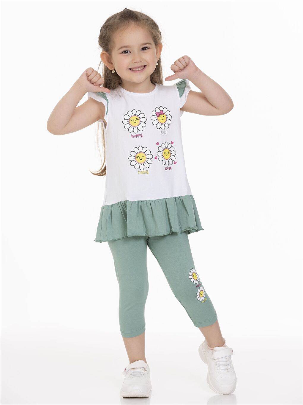 Yeşil Bisiklet Yaka Kısa Kollu Baskılı Kız Bebek Tişört ve Tayt 2'li-1