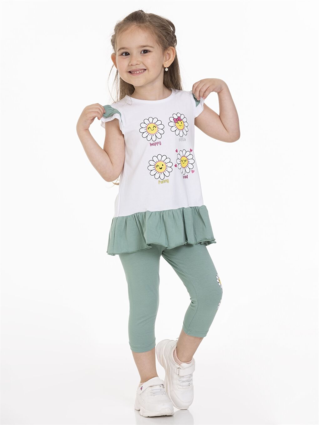 Yeşil Bisiklet Yaka Kısa Kollu Baskılı Kız Bebek Tişört ve Tayt 2'li-2