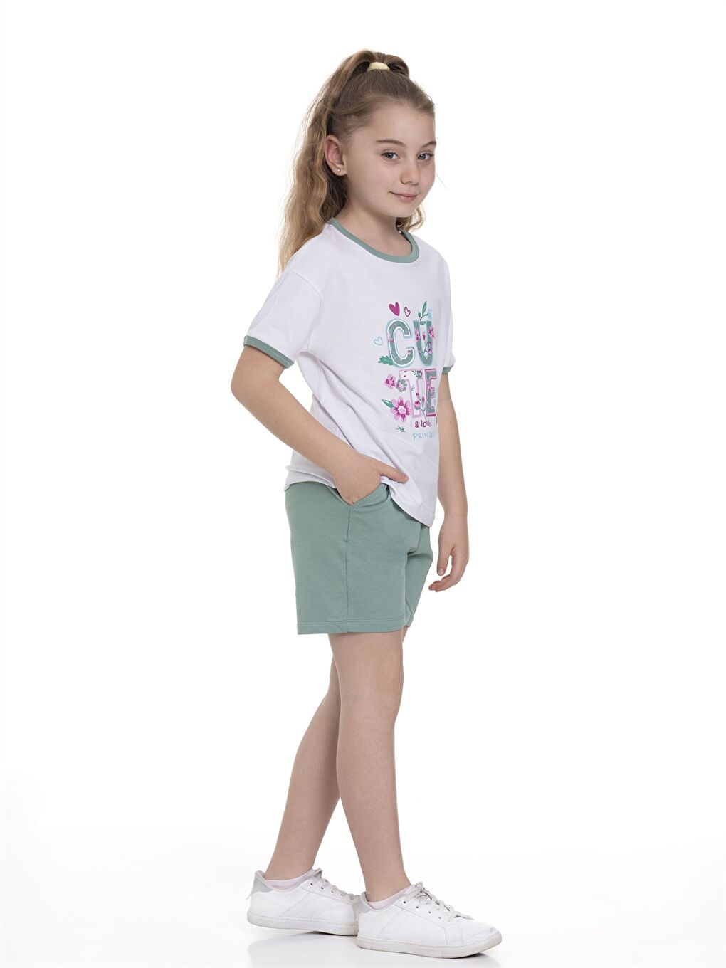 Yeşil Bisiklet Yaka Baskılı Kısa Kollu Kız Çocuk Tişört ve Şort-2
