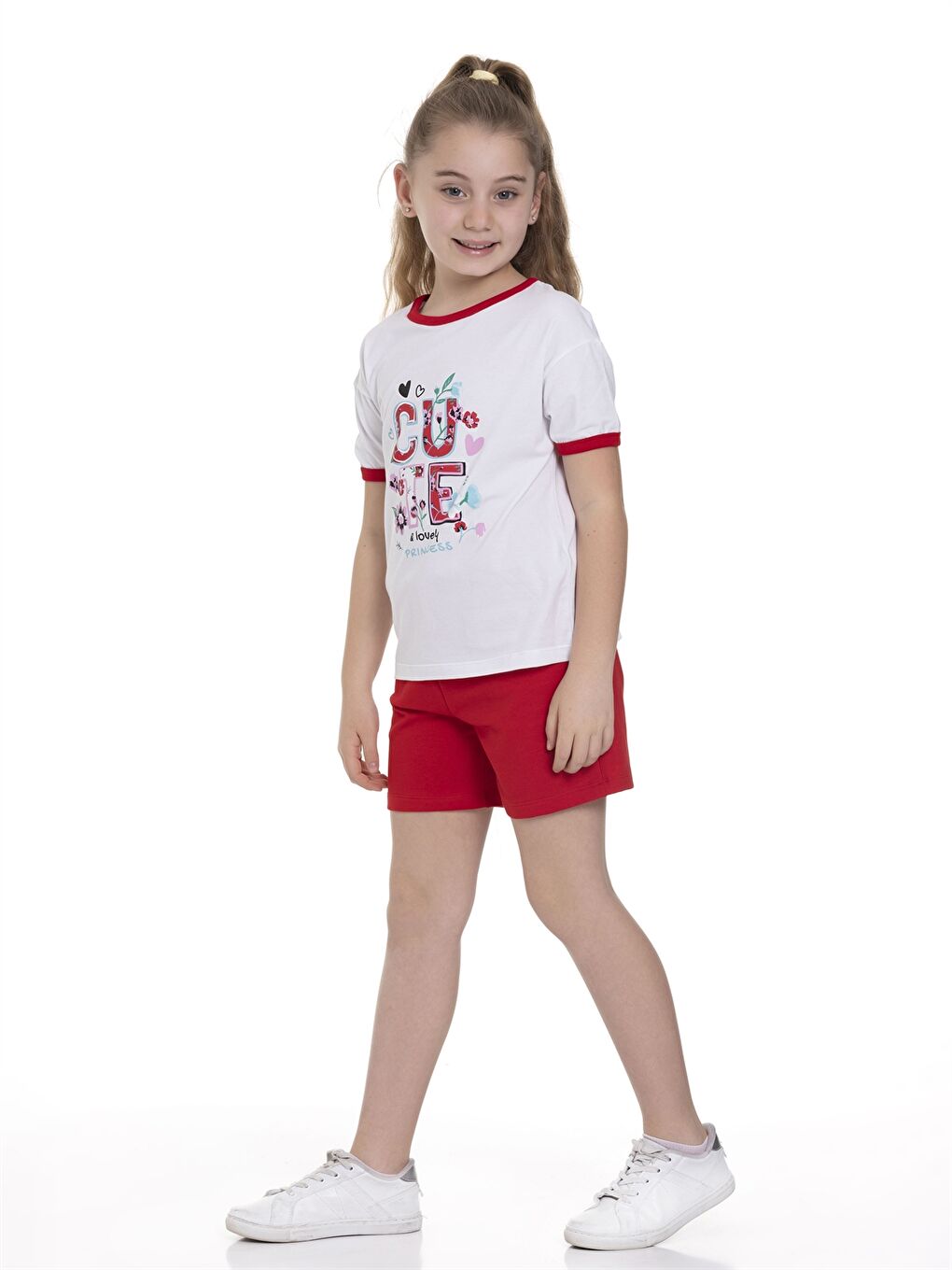 Kırmızı Bisiklet Yaka Baskılı Kısa Kollu Kız Çocuk Tişört ve Şort-1