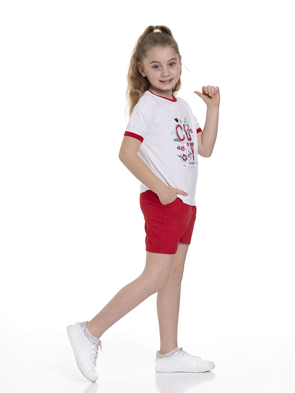 Kırmızı Bisiklet Yaka Baskılı Kısa Kollu Kız Çocuk Tişört ve Şort-2