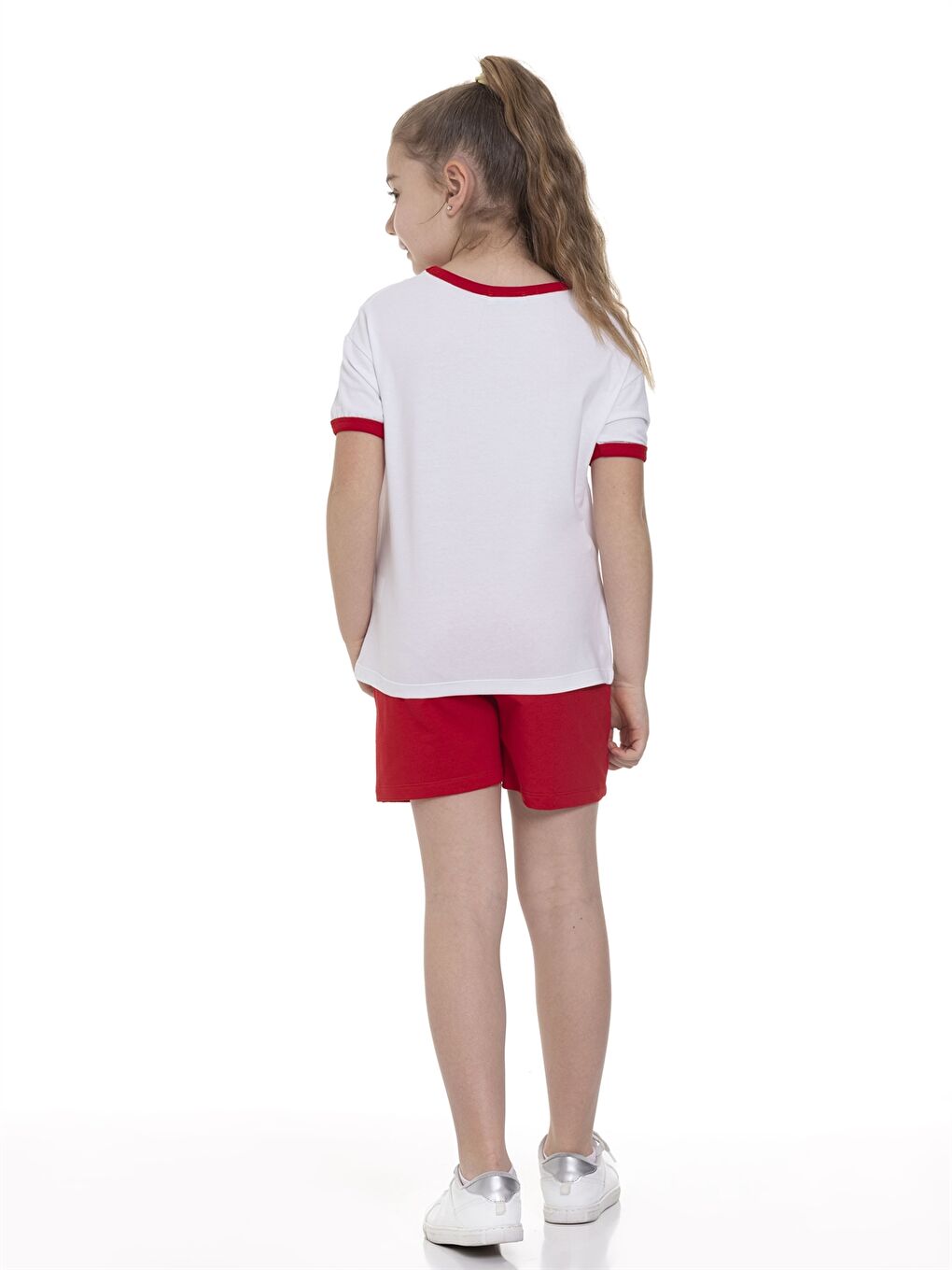 Kırmızı Bisiklet Yaka Baskılı Kısa Kollu Kız Çocuk Tişört ve Şort-3