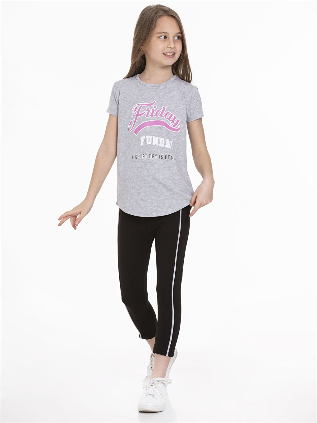 Gri Bisiklet Yaka Baskılı Kısa Kollu Kız Çocuk Tişört ve Tayt