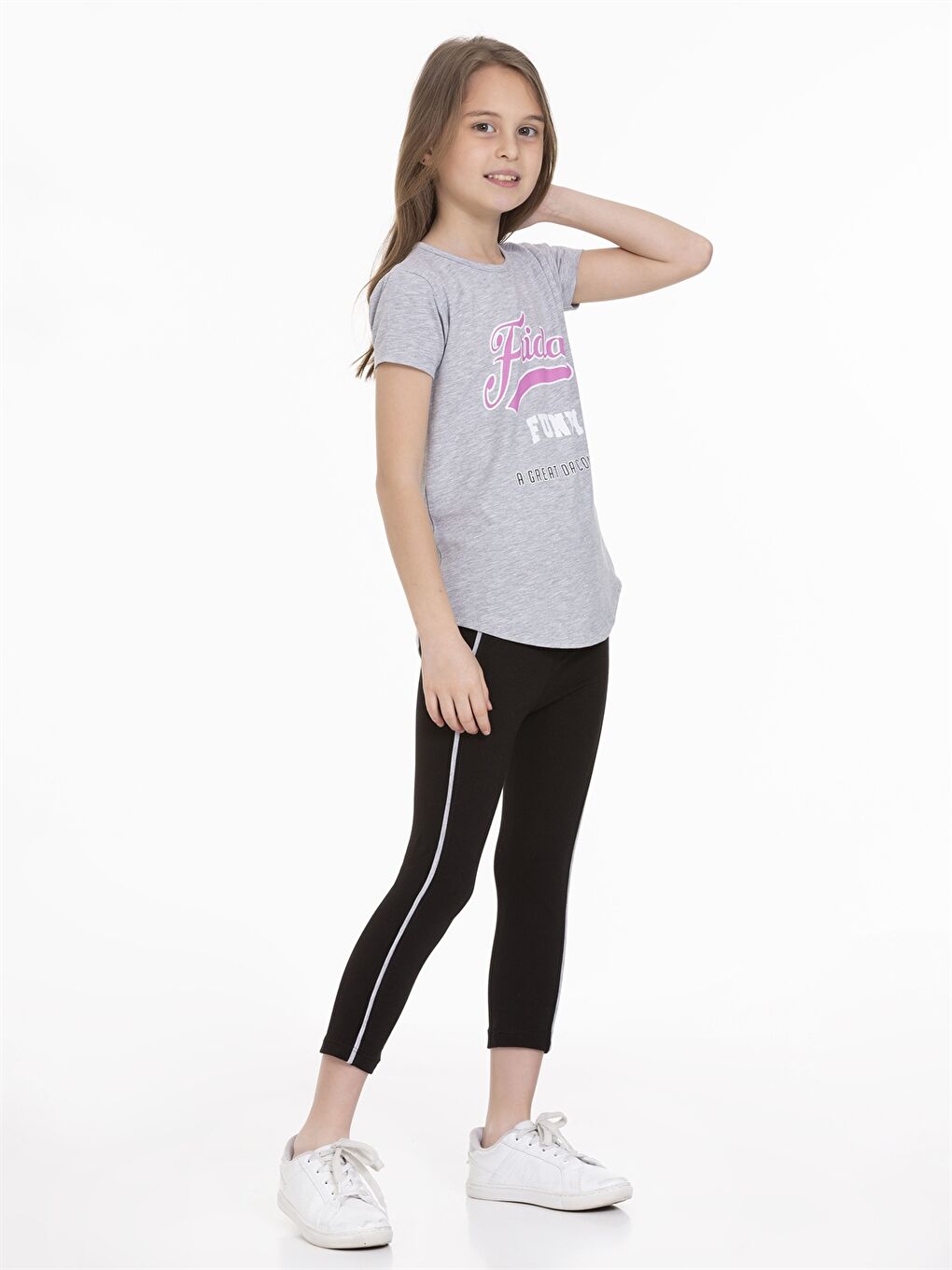 Gri Bisiklet Yaka Baskılı Kısa Kollu Kız Çocuk Tişört ve Tayt-2