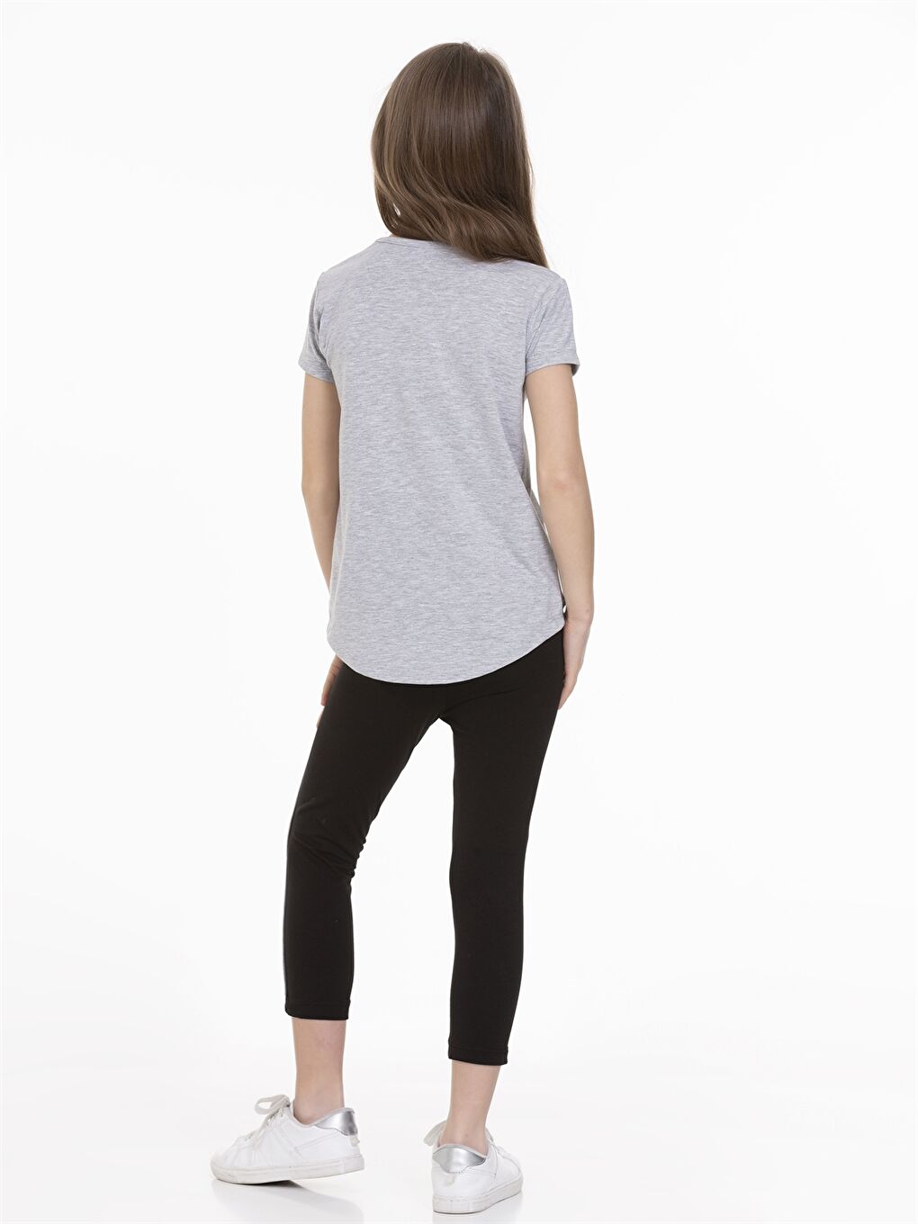 Gri Bisiklet Yaka Baskılı Kısa Kollu Kız Çocuk Tişört ve Tayt-3