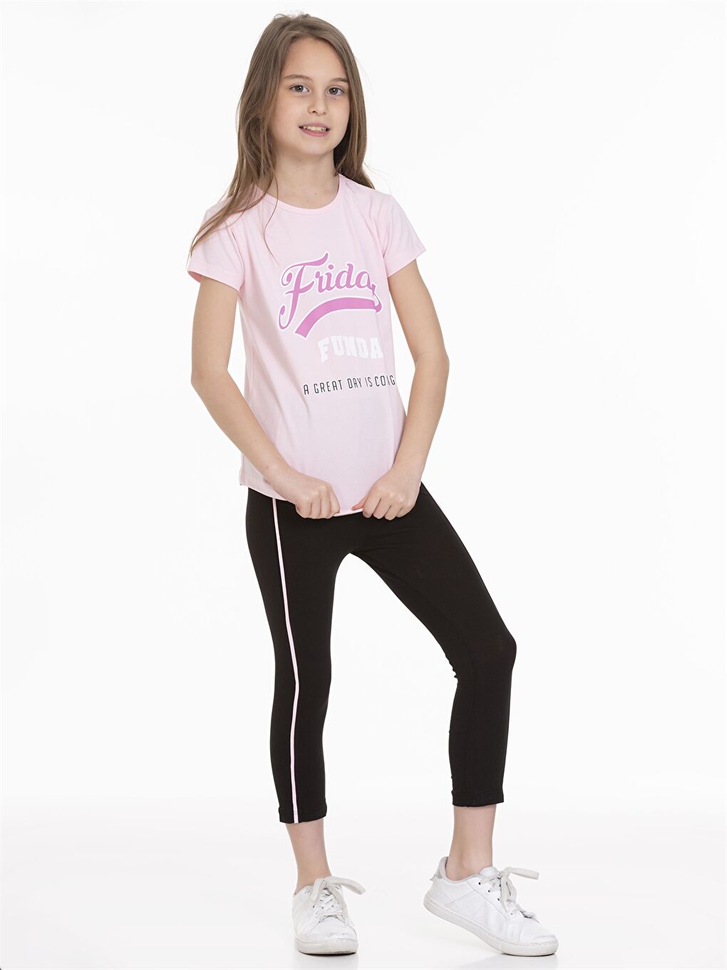 Pembe Bisiklet Yaka Baskılı Kısa Kollu Kız Çocuk Tişört ve Tayt