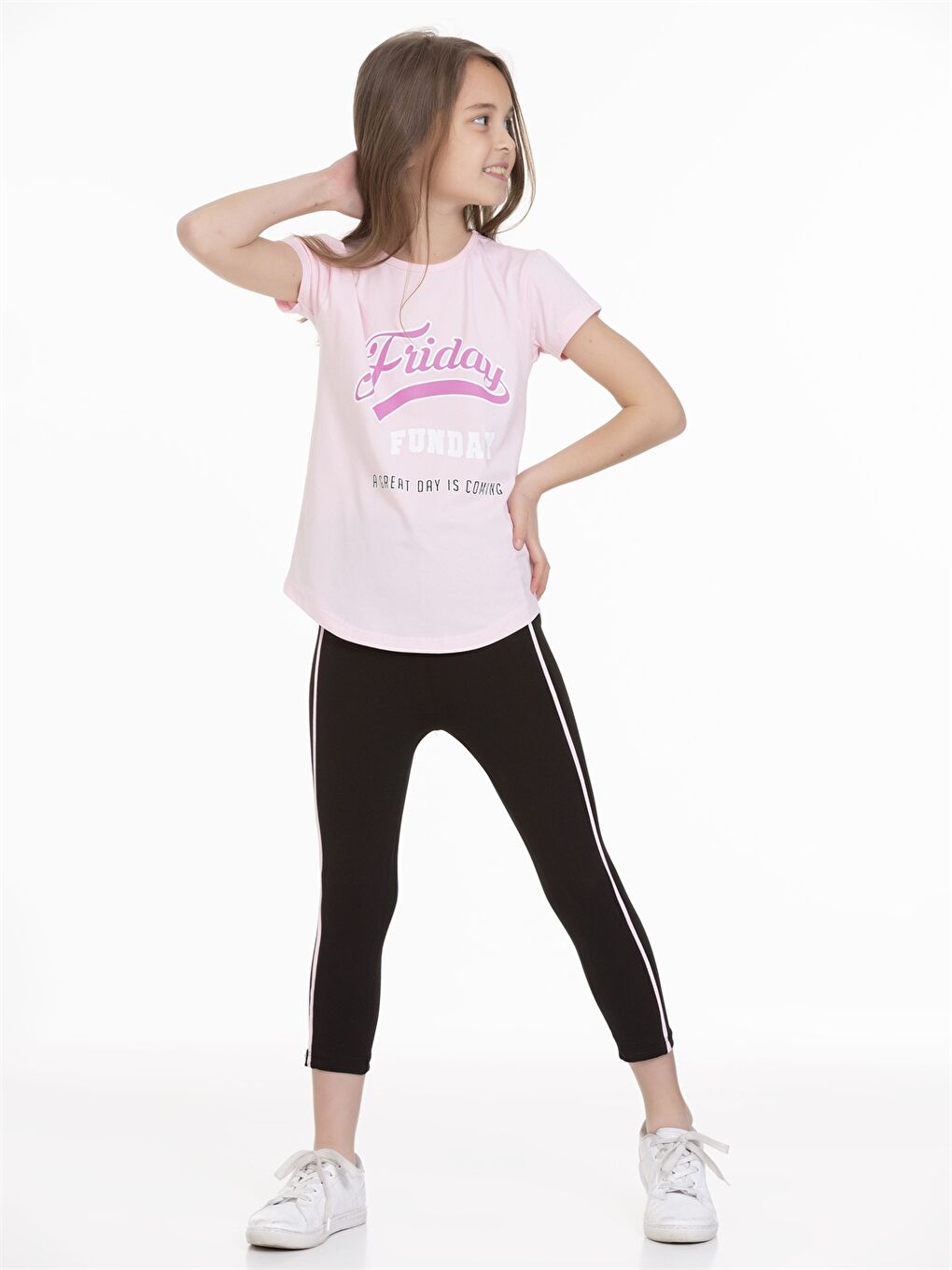 Pembe Bisiklet Yaka Baskılı Kısa Kollu Kız Çocuk Tişört ve Tayt-1