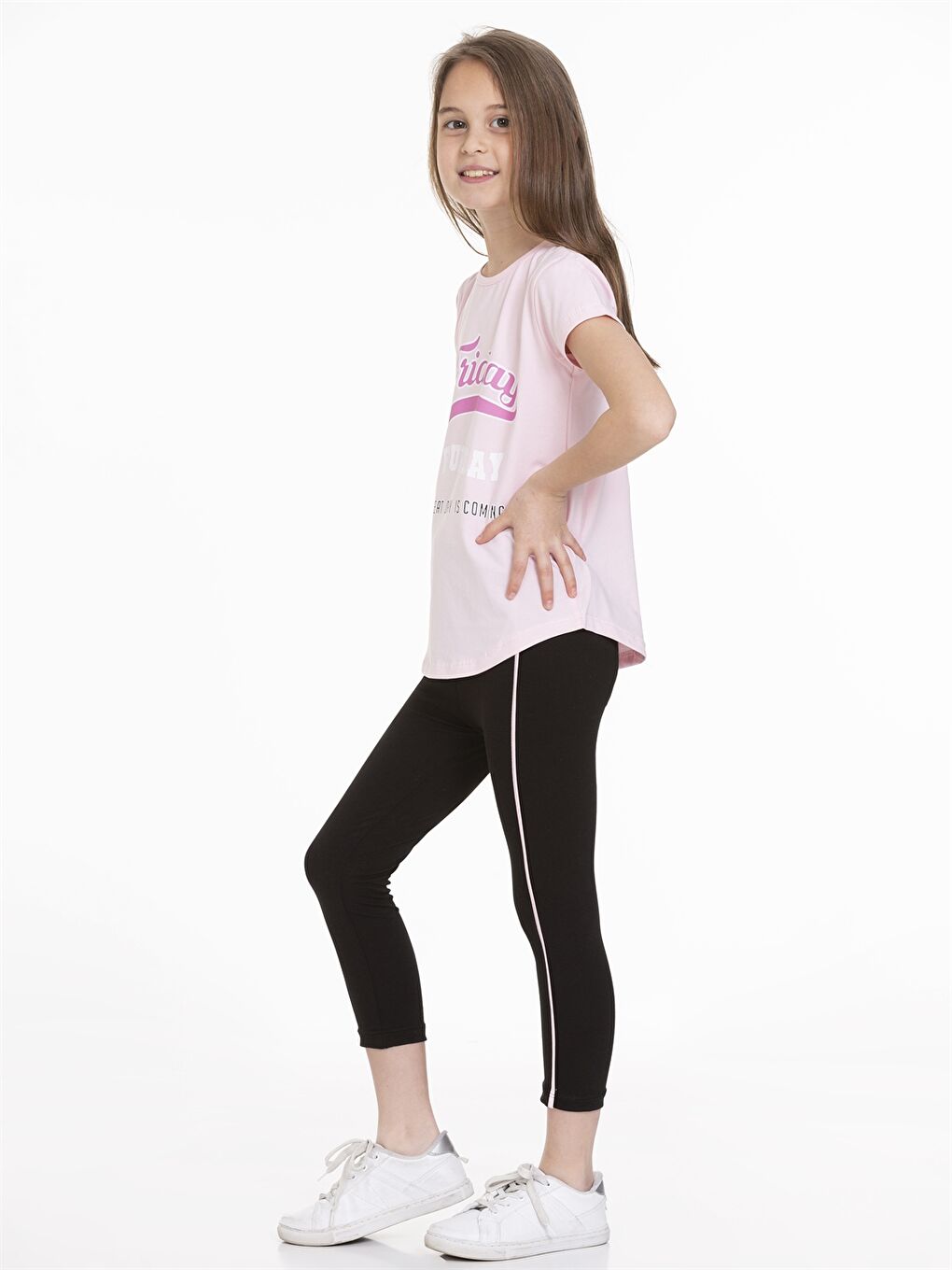 Pembe Bisiklet Yaka Baskılı Kısa Kollu Kız Çocuk Tişört ve Tayt-2