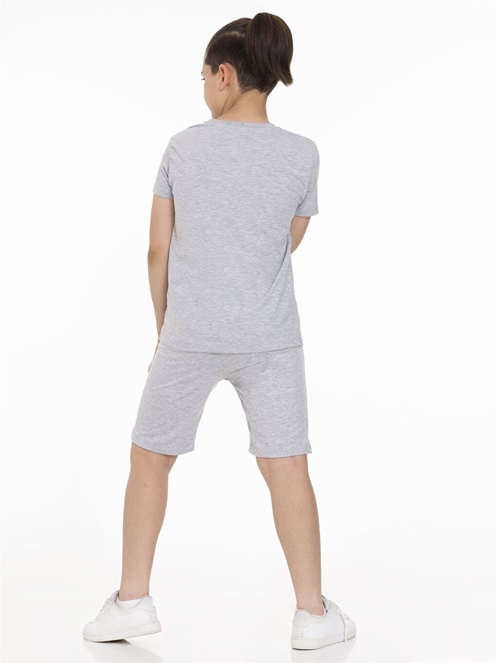 Gri Bisiklet Yaka Baskılı Kısa Kollu Erkek Çocuk Tişört ve Şort-3