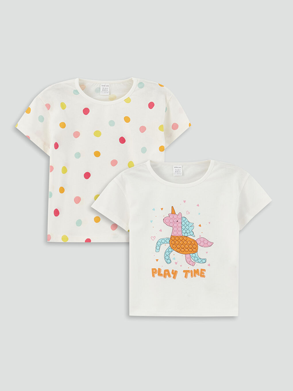 Ekru Bisiklet Yaka Baskılı Kız Bebek Tişört 2'li