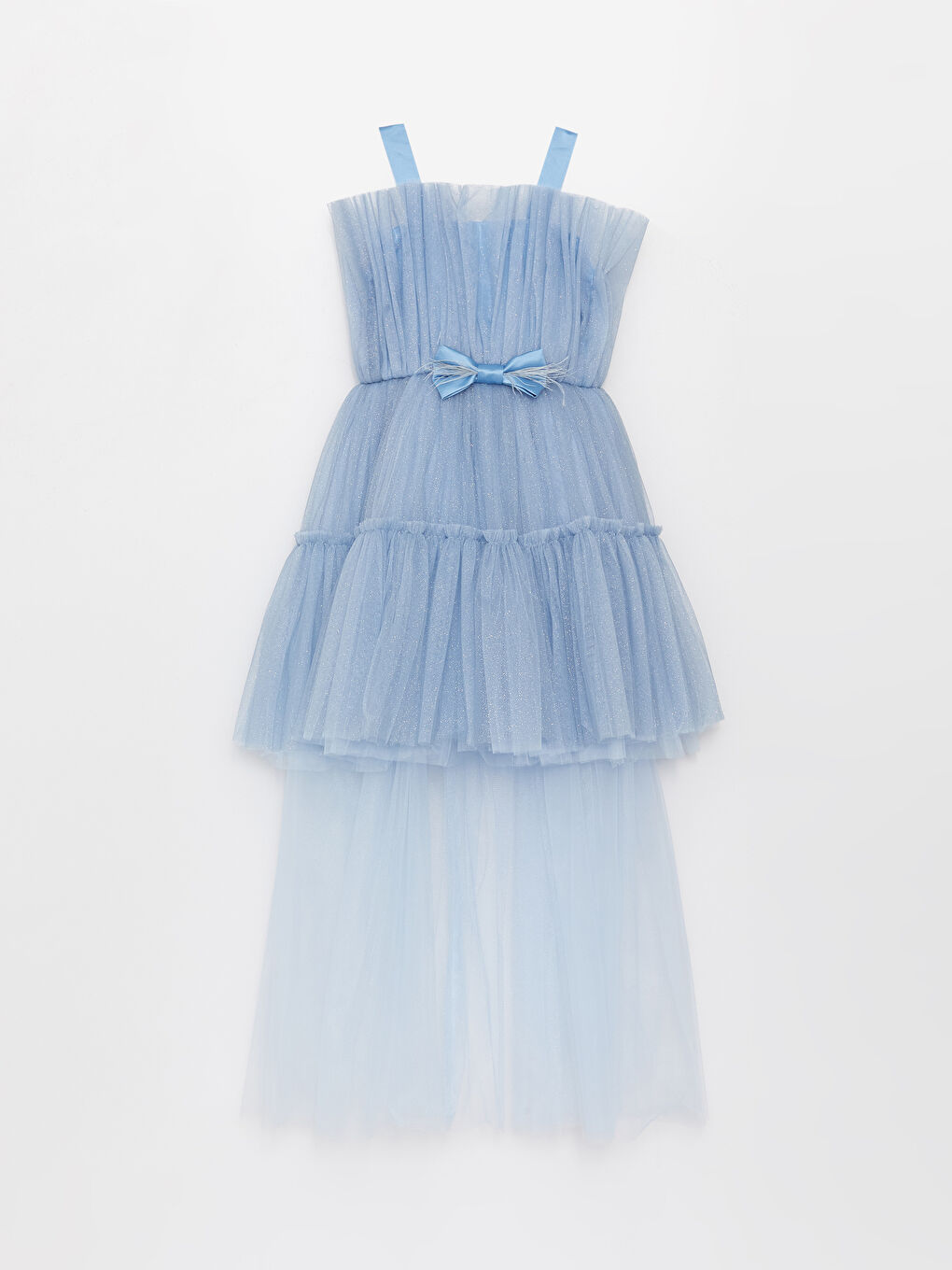 Mavi Kare Yaka Kız Çocuk Tül Elbise